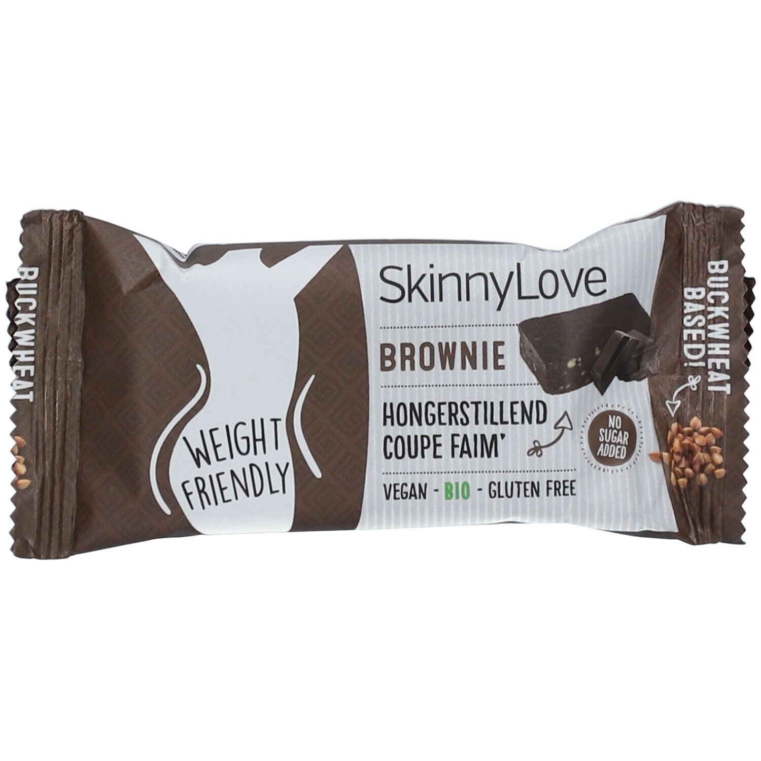 Barre SkinnyLove Brownie. Emballage marron avec nom et logo du produit. Texte "Weight Friendly" et "Vegan - Bio - Gluten Free".