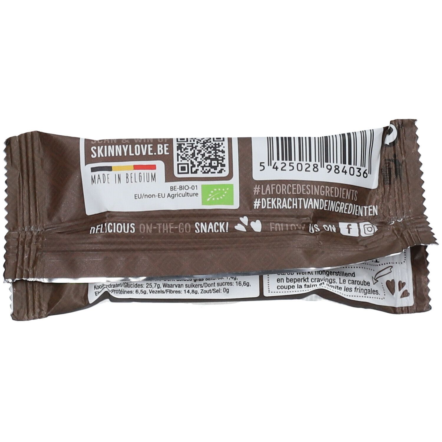 Dos de l'emballage SkinnyLove Brownie. Contient un code QR, des informations nutritionnelles et du texte. "Made in Belgium" et certification bio.