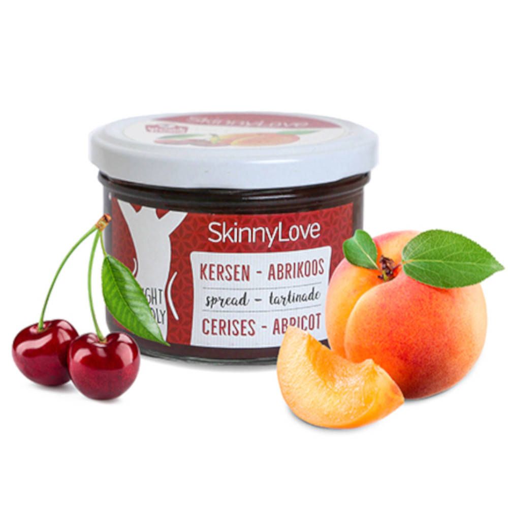 Pot de SkinnyLove à la cerise et à l'abricot, avec cerises et abricots. Inscription : Kersen-Abrikoos, spread-tartinade, Cerises-Abricot.