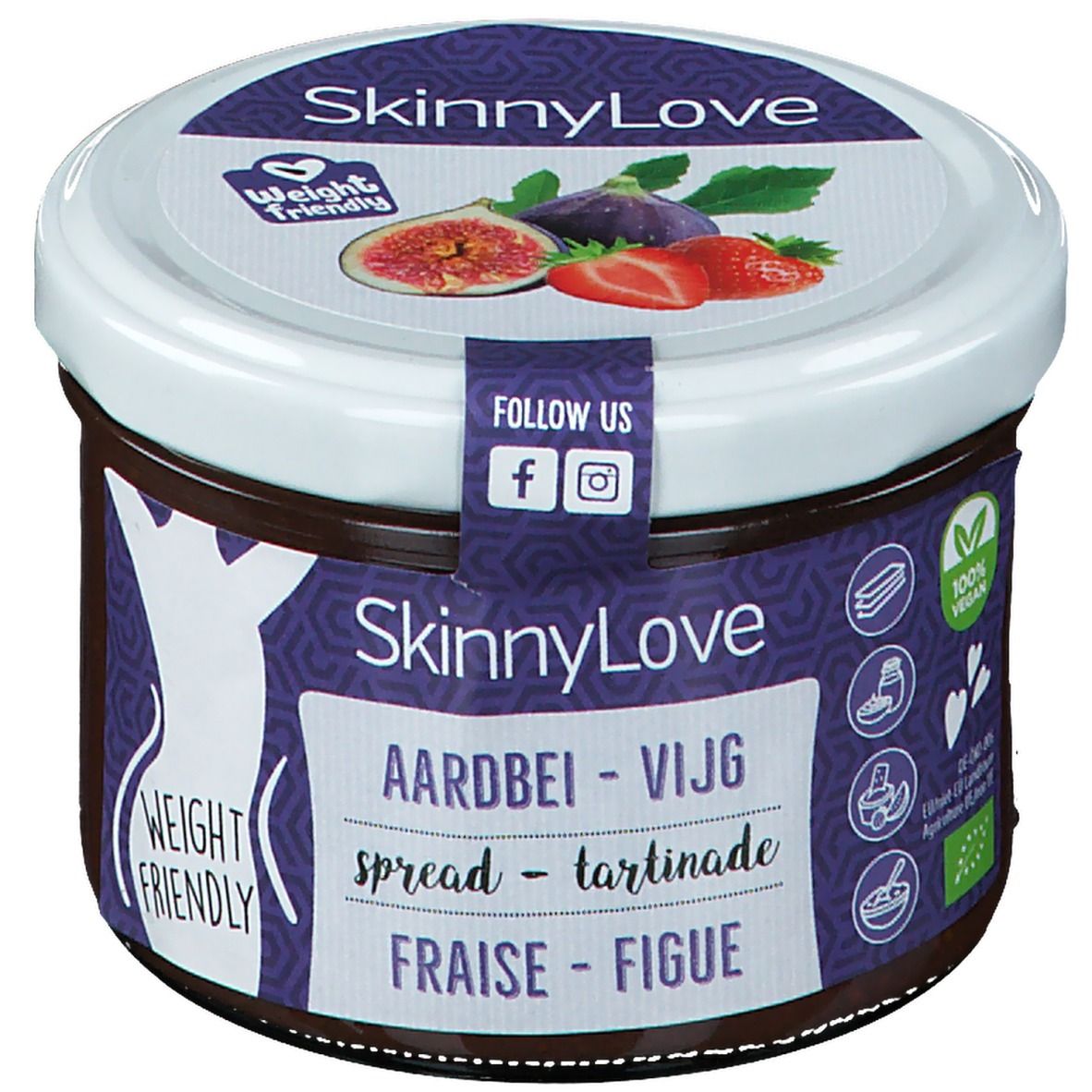 Glas mit SkinnyLove Aufstrich. Deckel mit Abbildung von Feige und Erdbeere. Aufschrift: Aardbei - Vijg, Fraise - Figue.