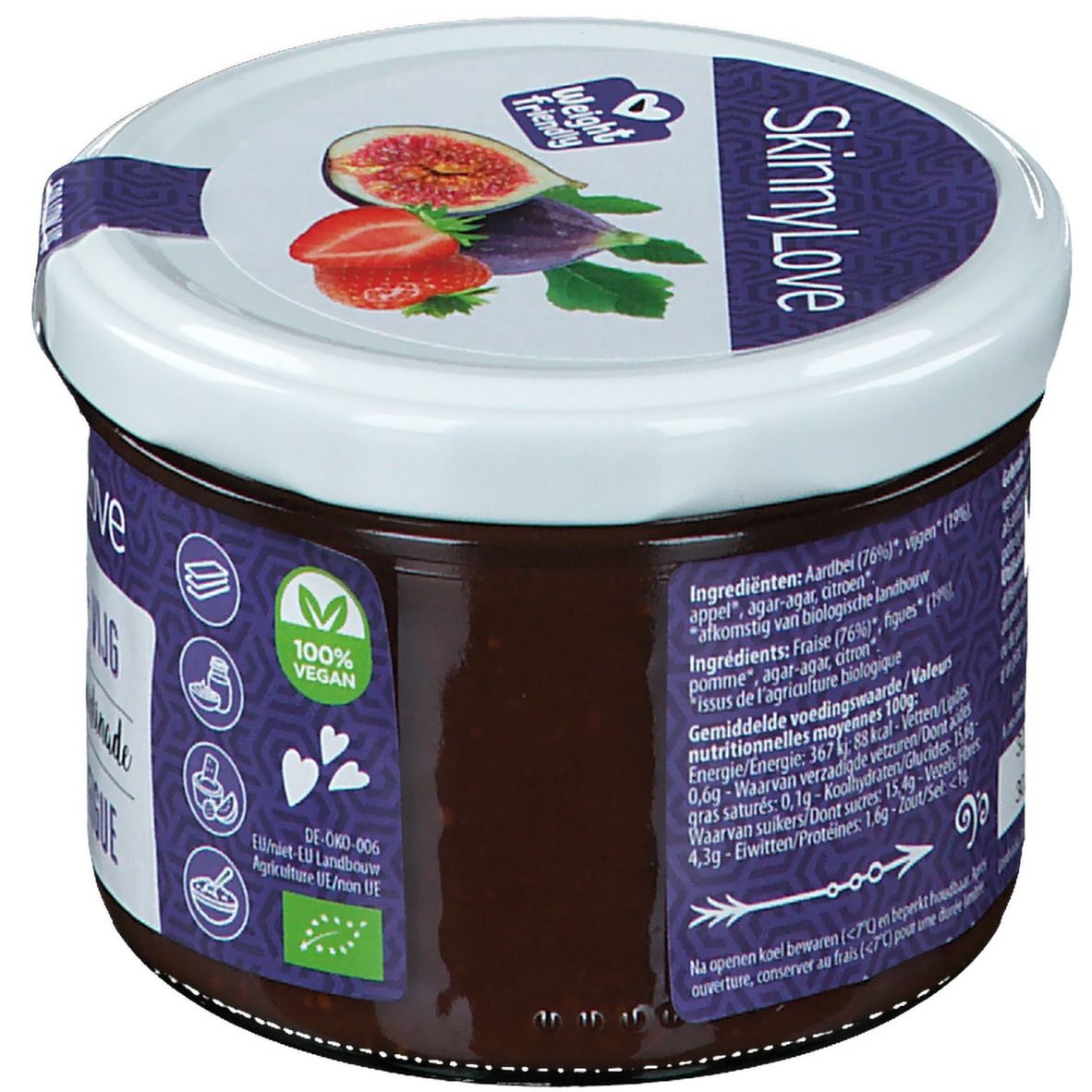 Glas SkinnyLove Aufstrich. Rückseite mit Zutatenliste und Nährwertangaben. Vegan-Siegel. Aufschrift: SkinnyLove.