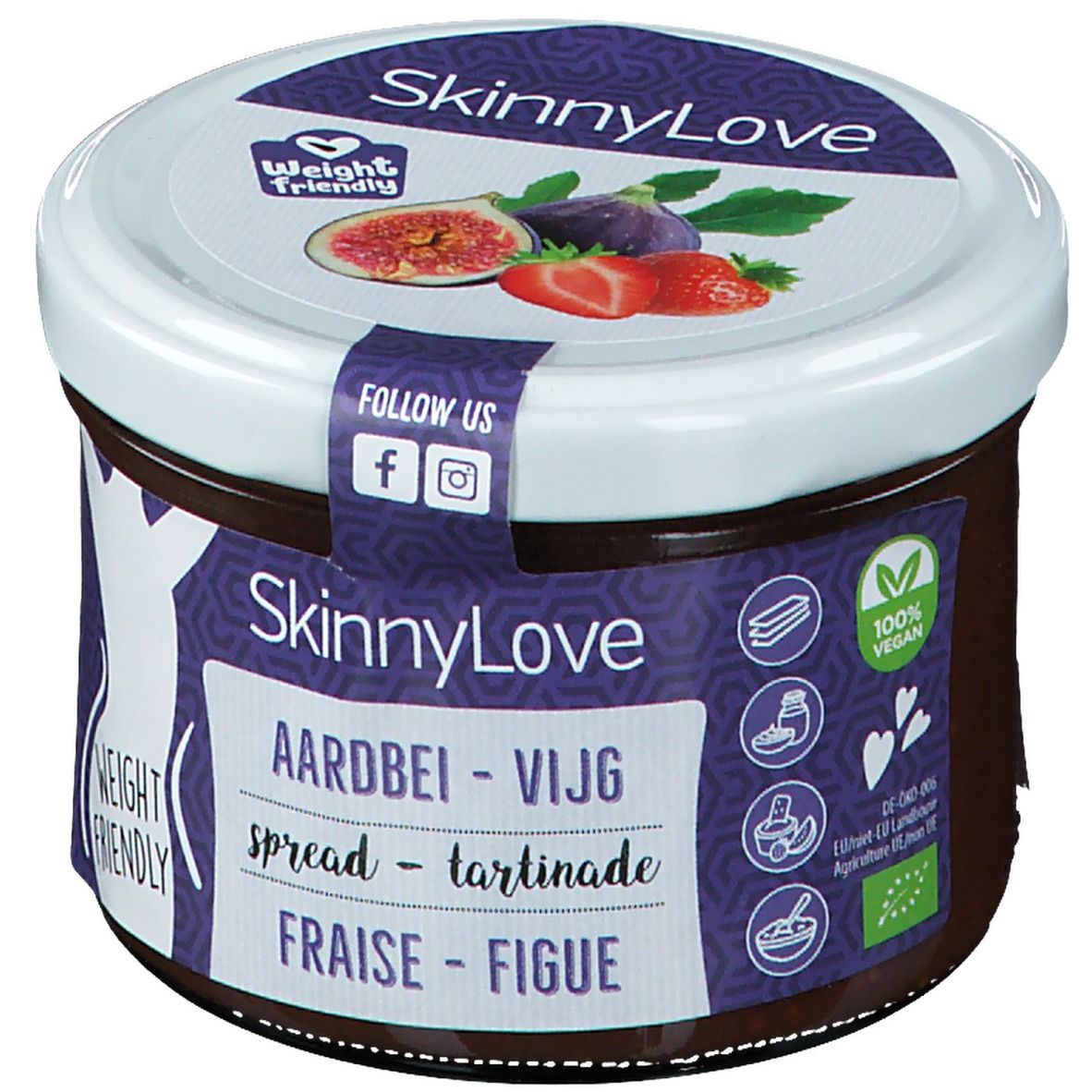 Glas SkinnyLove Aufstrich. Deckel mit Feige und Erdbeere. Aufschrift: Aardbei - Vijg, Fraise - Figue. Vegan-Siegel.