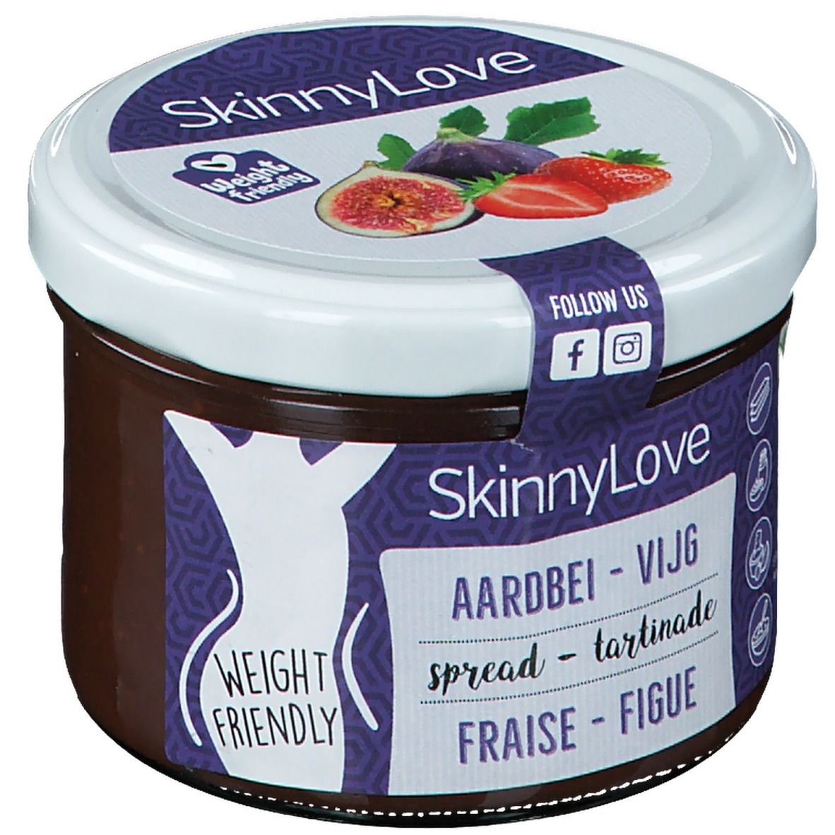 Glas SkinnyLove Aufstrich. Deckel mit Feige und Erdbeere. Aufschrift: Aardbei - Vijg, Fraise - Figue. Label Weight Friendly.
