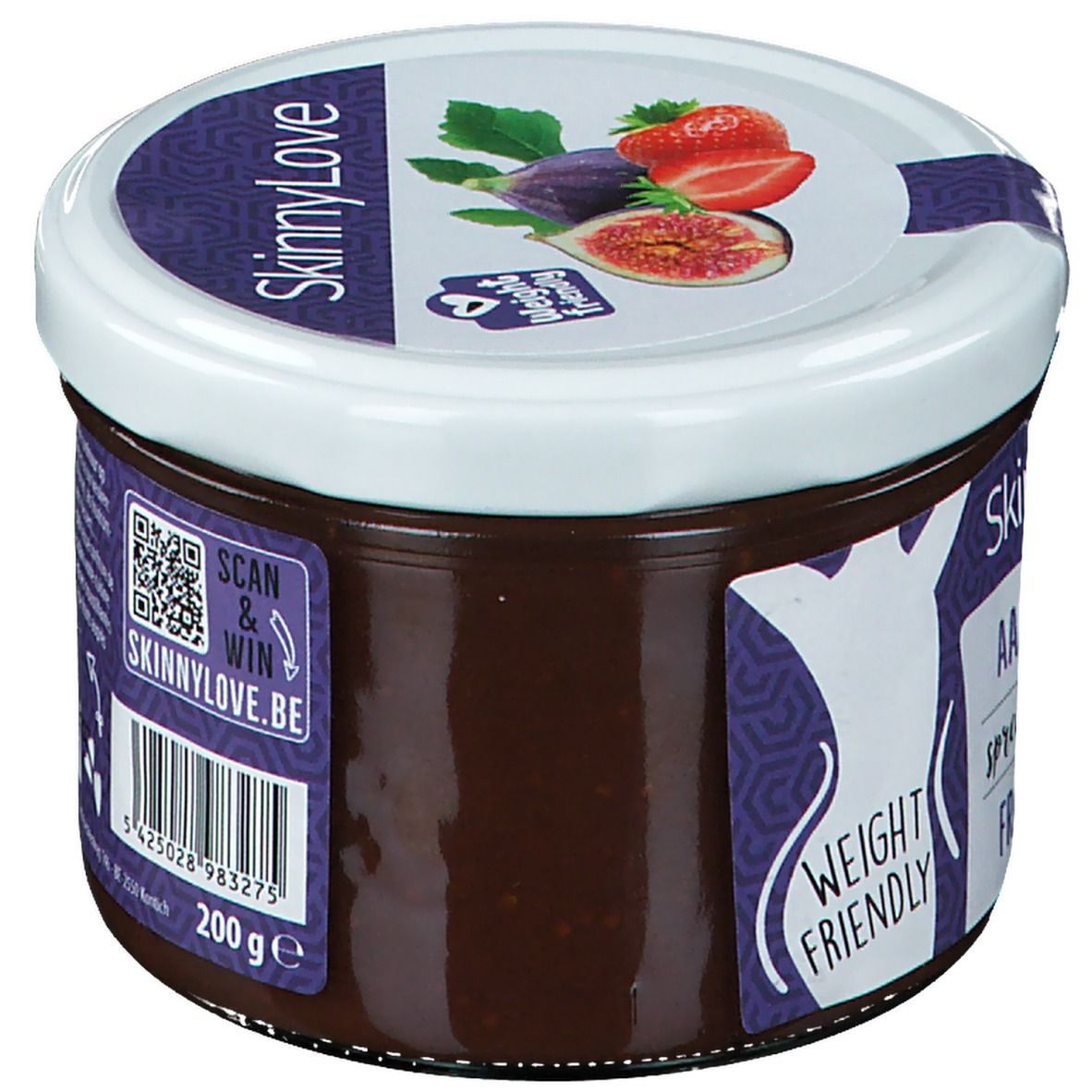 Glas SkinnyLove Aufstrich. Rückseite mit QR-Code und Barcode. Aufschrift: SkinnyLove. 200g. Label Weight Friendly.