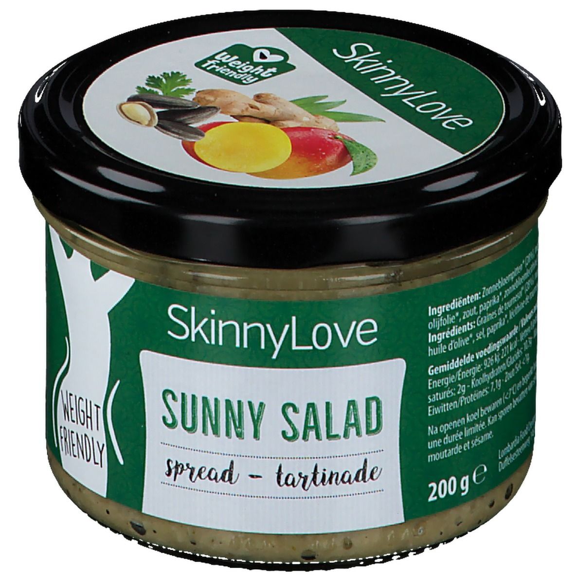 Pot SkinnyLove Sunny Salad Spread. Zwart deksel, groen etiket met productnaam en logo. Gewicht: 200g.
