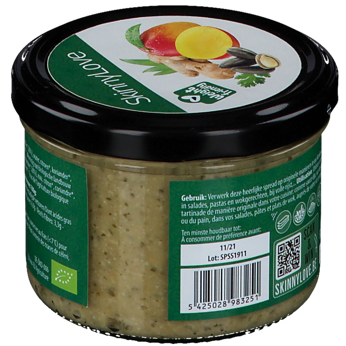 Pot SkinnyLove Sunny Salad Spread. Achterkant met gebruiksaanwijzing en houdbaarheidsdatum. QR-code en logo.