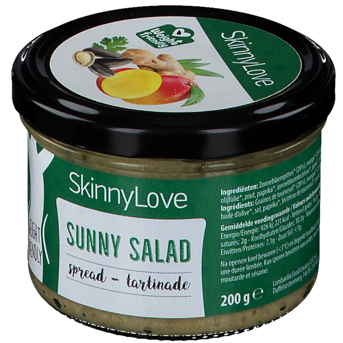 Pot SkinnyLove Sunny Salad Spread. Zwart deksel, groen etiket met productnaam en logo. Gewicht: 200g.