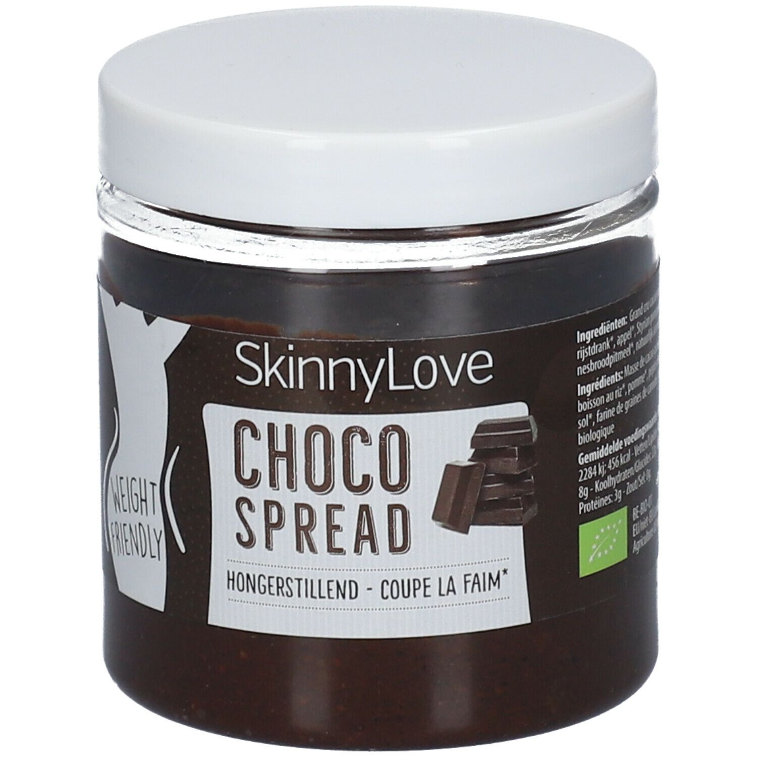 Pot de pâte à tartiner au chocolat avec couvercle blanc et étiquette. Inscription : SkinnyLove Choco Spread. Avec label bio et image de morceaux de chocolat.