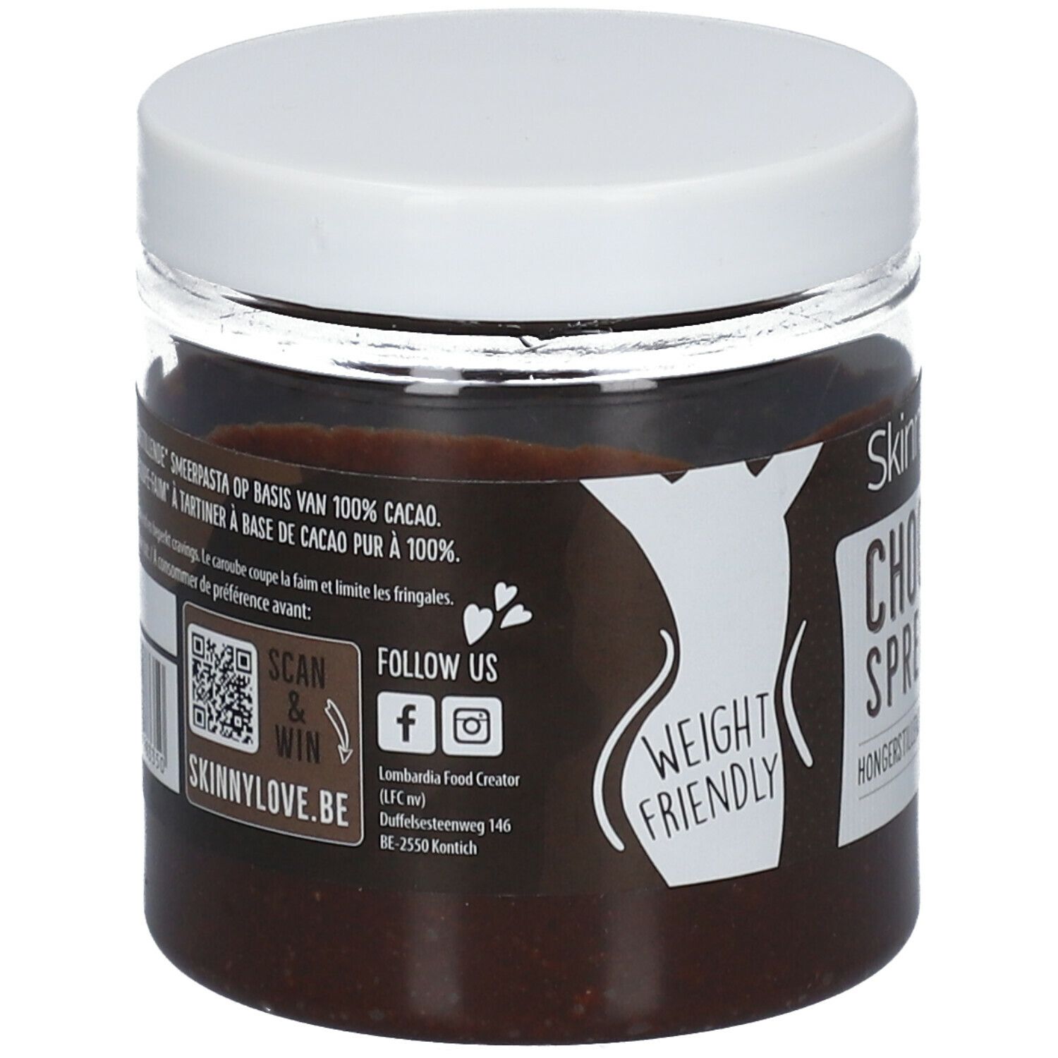 Dos d'un pot de pâte à tartiner au chocolat. Inscription : SkinnyLove Choco Spread. Avec code QR, icônes de réseaux sociaux et label bio.