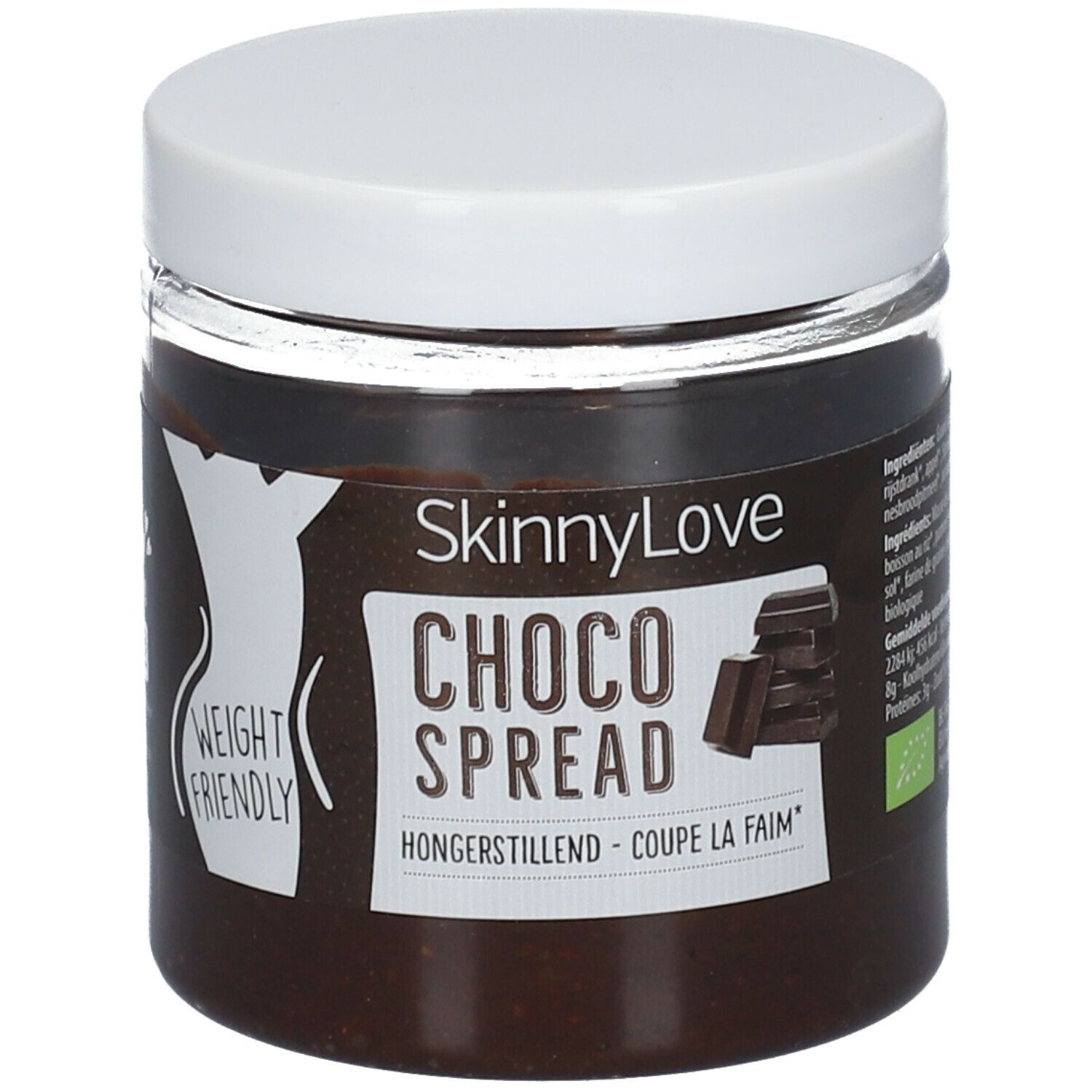 Pot de pâte à tartiner au chocolat avec couvercle blanc et étiquette. Inscription : SkinnyLove Choco Spread. Avec label bio et image de morceaux de chocolat.