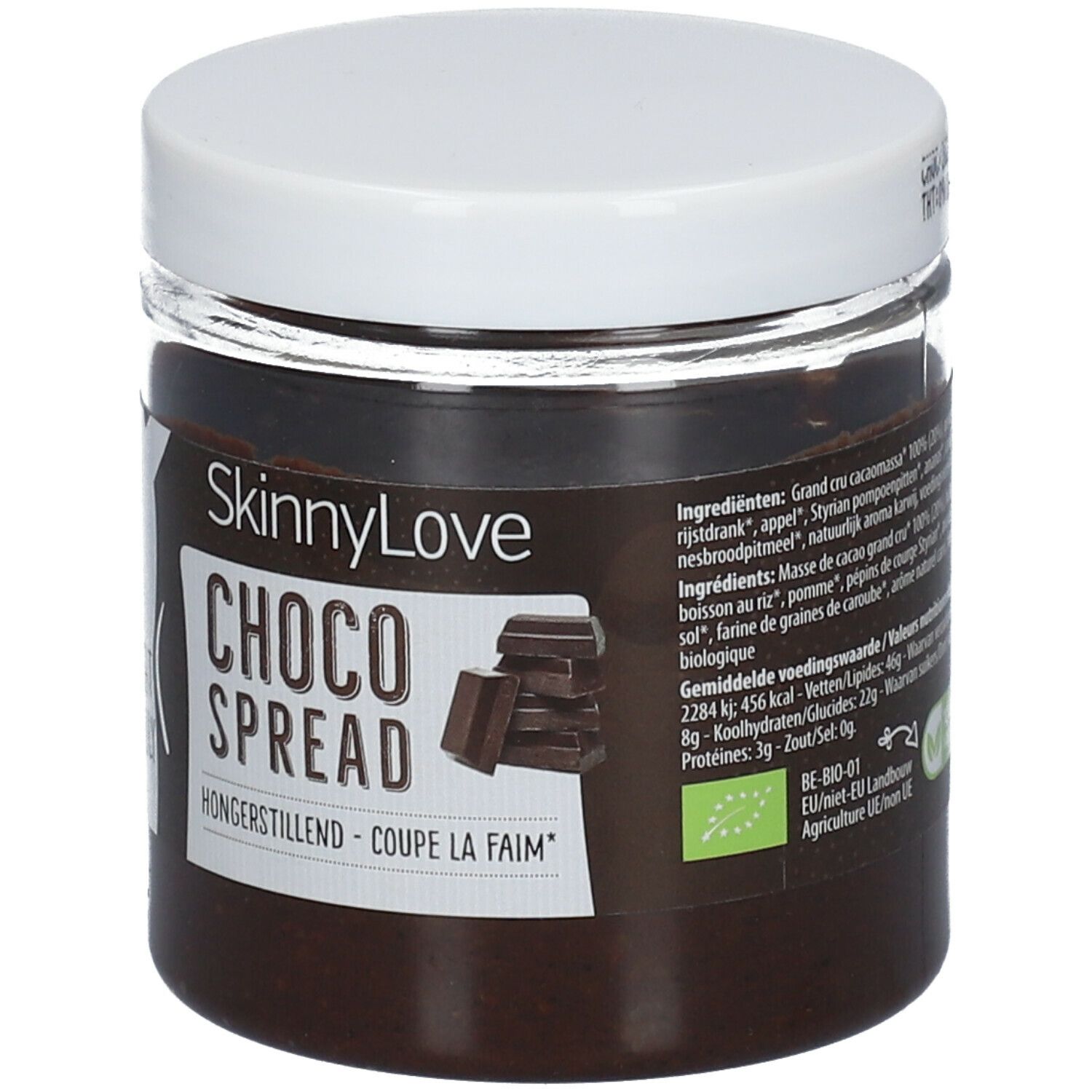 Pot de pâte à tartiner au chocolat avec couvercle blanc et étiquette. Inscription : SkinnyLove Choco Spread. Avec label bio et image de morceaux de chocolat.