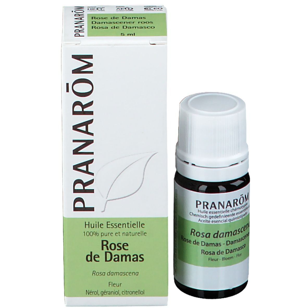 PRANAROM doos met flesje essentiële olie Rosa damascena. Wit etiket, groene tekst. 5 ml.