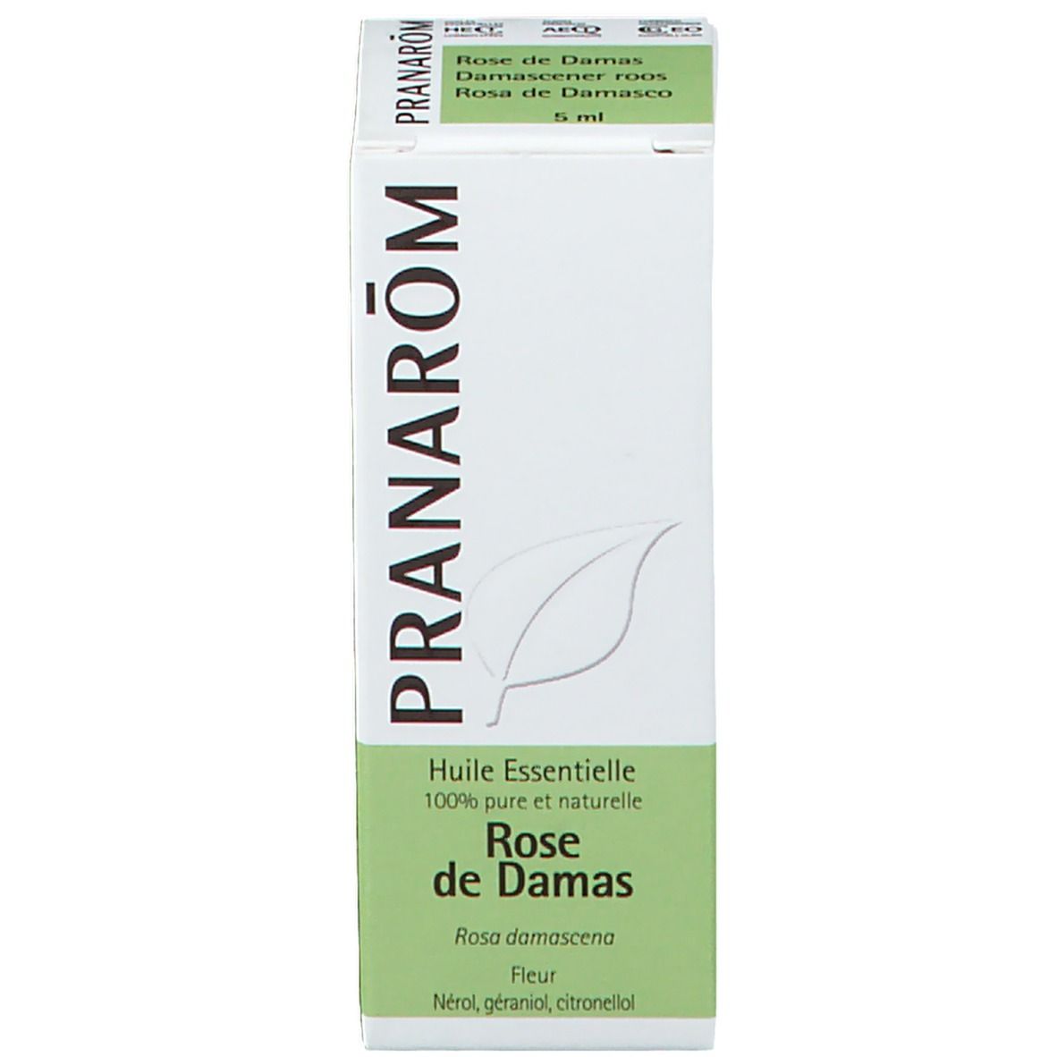 PRANAROM doos met essentiële olie Rosa damascena. Wit etiket, groene tekst. Bladsymbool.