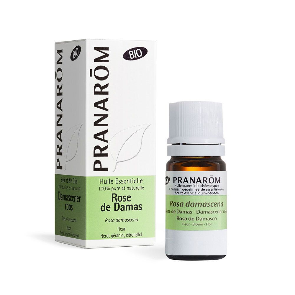 PRANAROM Rose de Damas ätherisches Öl in Braunglasflasche mit Faltschachtel.