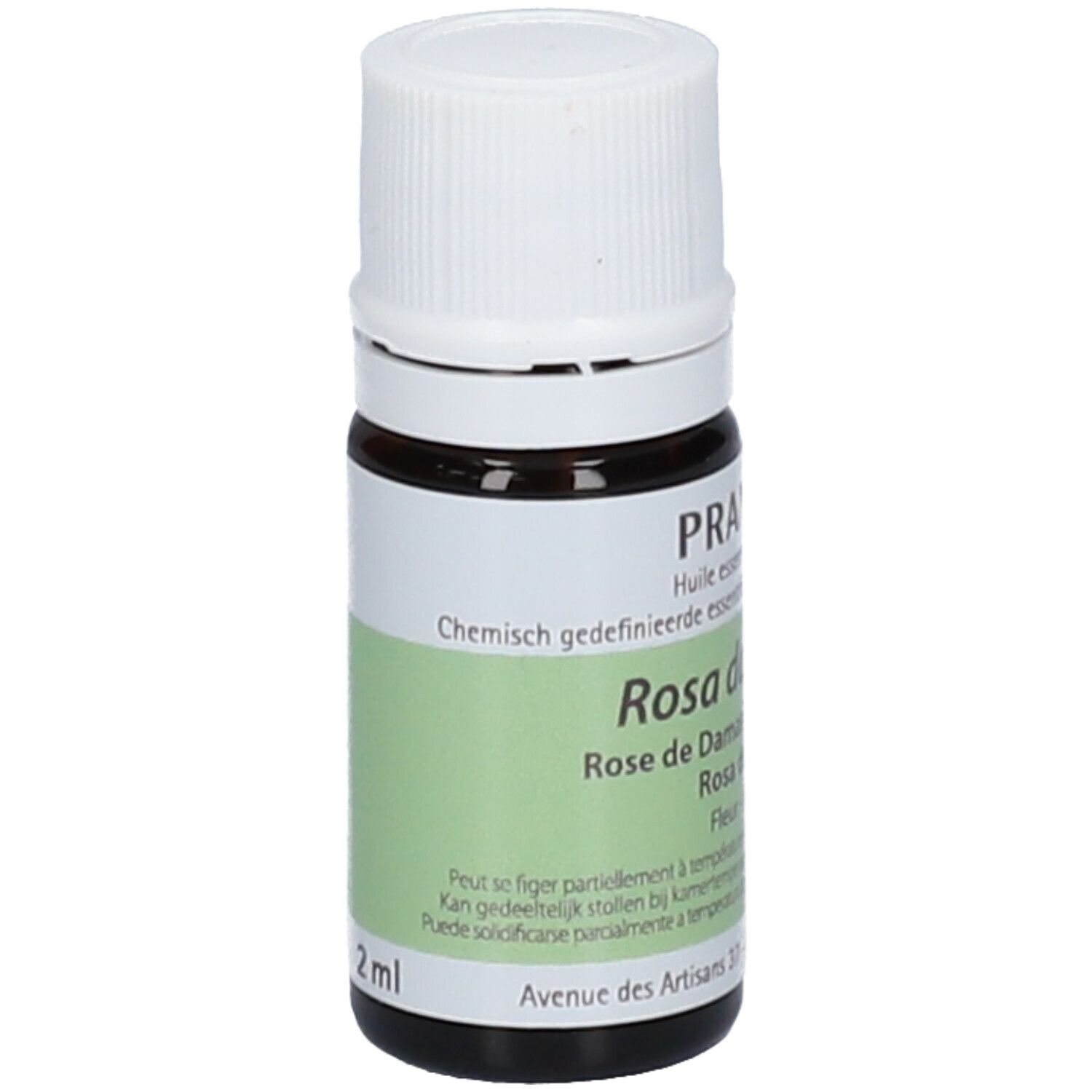 Flacon en verre brun avec bouchon blanc. Étiquette avec texte: PRANAROM, Rosa damascena, 2 ml. Texte vert sur fond blanc.