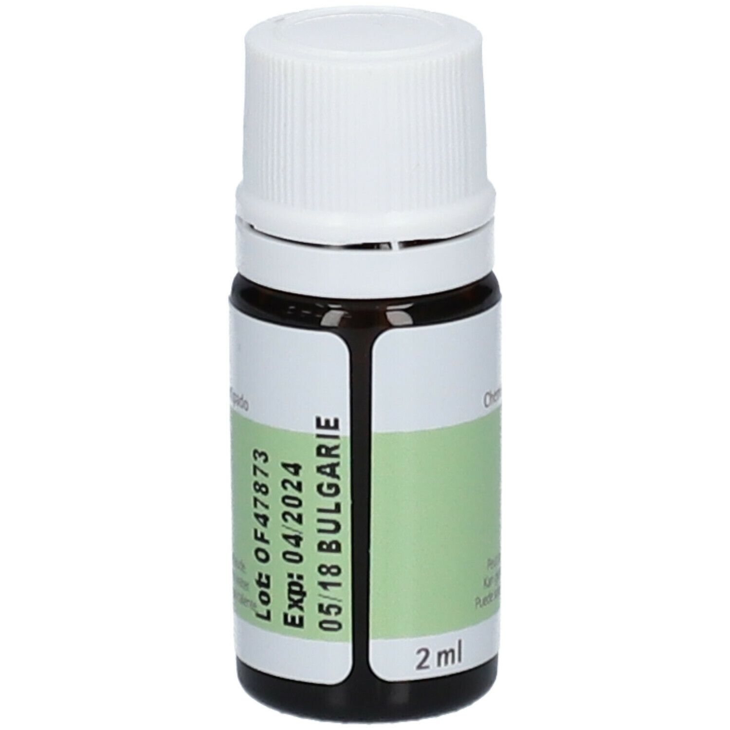 Flacon en verre brun avec bouchon blanc. Étiquette avec texte: PRANAROM, 2 ml, Exp: 04/2024, 05/18 BULGARIE. Texte vert sur fond blanc.