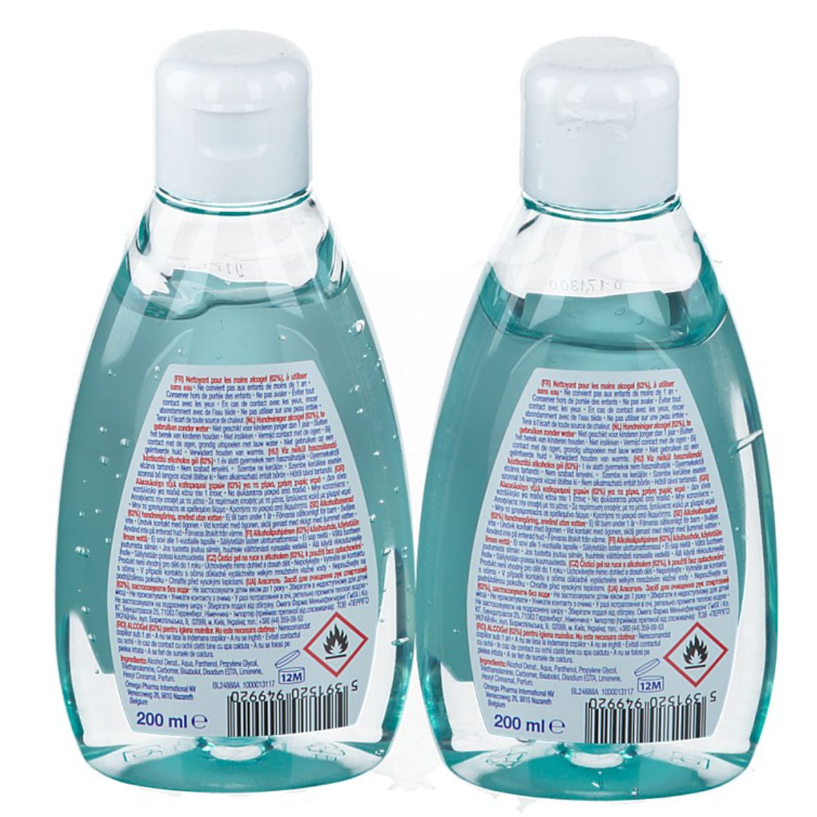 Deux flacons de gel bleu. Bouchons blancs. Étiquettes avec texte et symboles. Vue arrière.