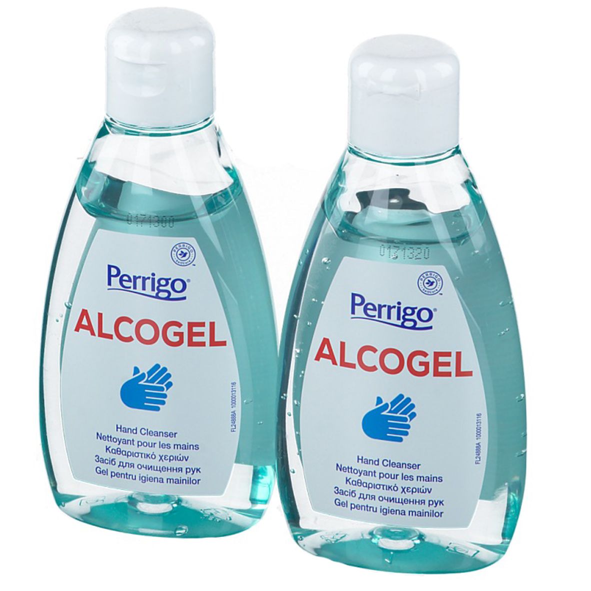 Deux flacons de gel bleu. Bouchons blancs. Inscription Perrigo ALCOGEL. Symbole de main.