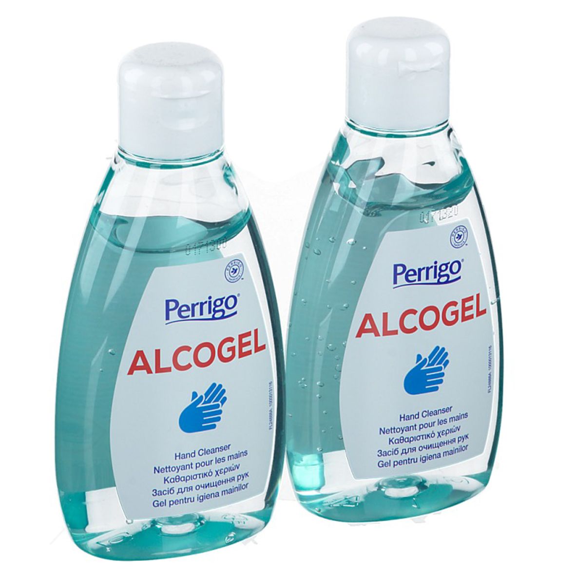 Deux flacons de gel bleu. Bouchons blancs. Inscription Perrigo ALCOGEL. Symbole de main.