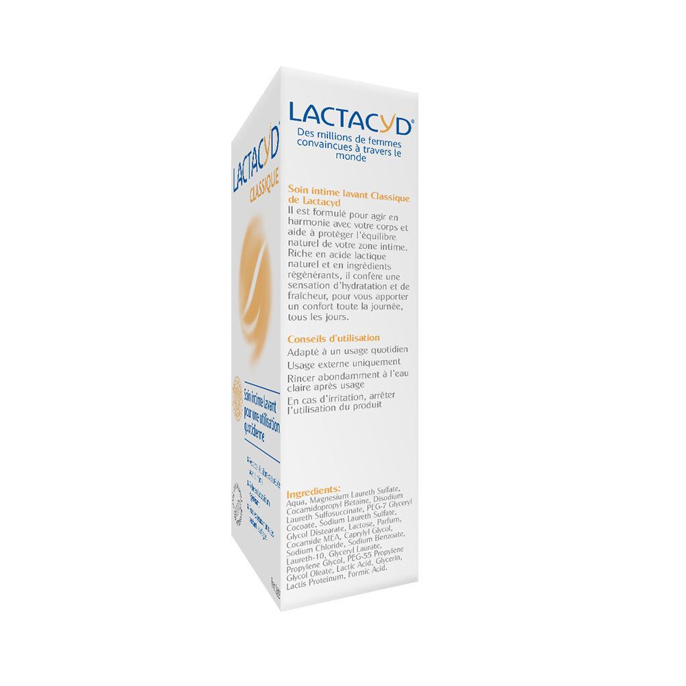 Verpakking Lactacyd® Classic. Tekst en logo op witte achtergrond. Ingrediënten en gebruikstips.