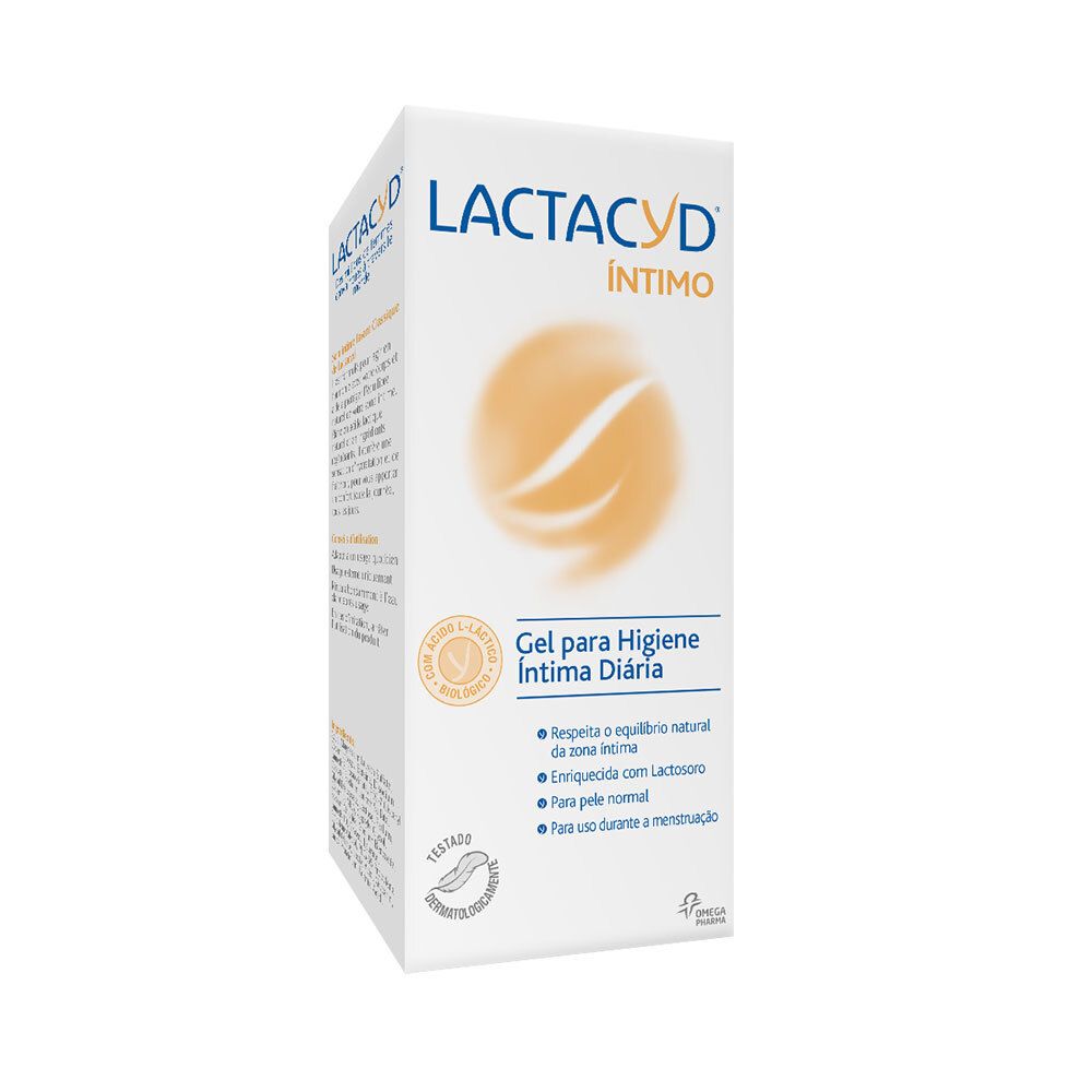 Verpakking Lactacyd® Intimo. Gel voor dagelijkse intieme hygiëne. Logo en tekst op witte achtergrond.