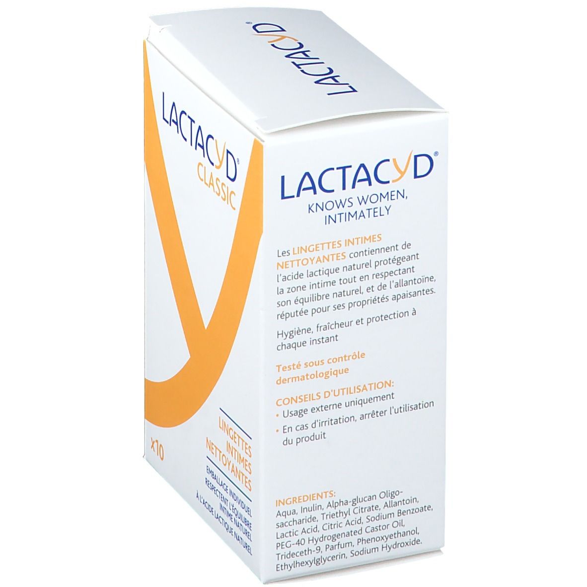 Witte doos "LACTACYD CLASSIC". Tekst: "KNOWS WOMEN, INTIMATELY". Franse beschrijving van de doekjes en ingrediënten.