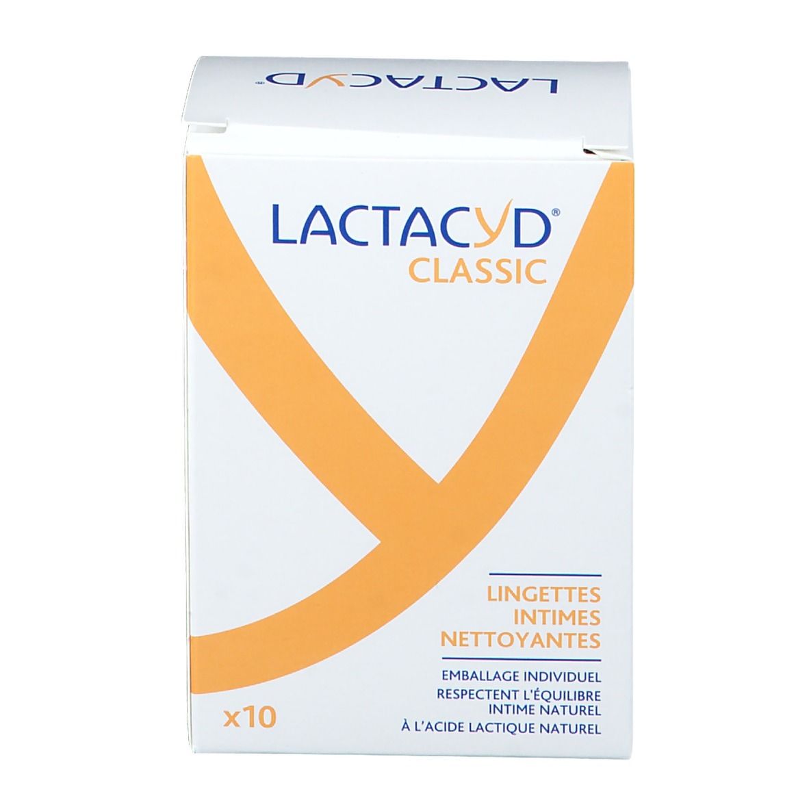 Witte doos "LACTACYD CLASSIC" met oranje design. Franse tekst: "LINGETTES INTIMES NETTOYANTES". Bevat 10 doekjes.