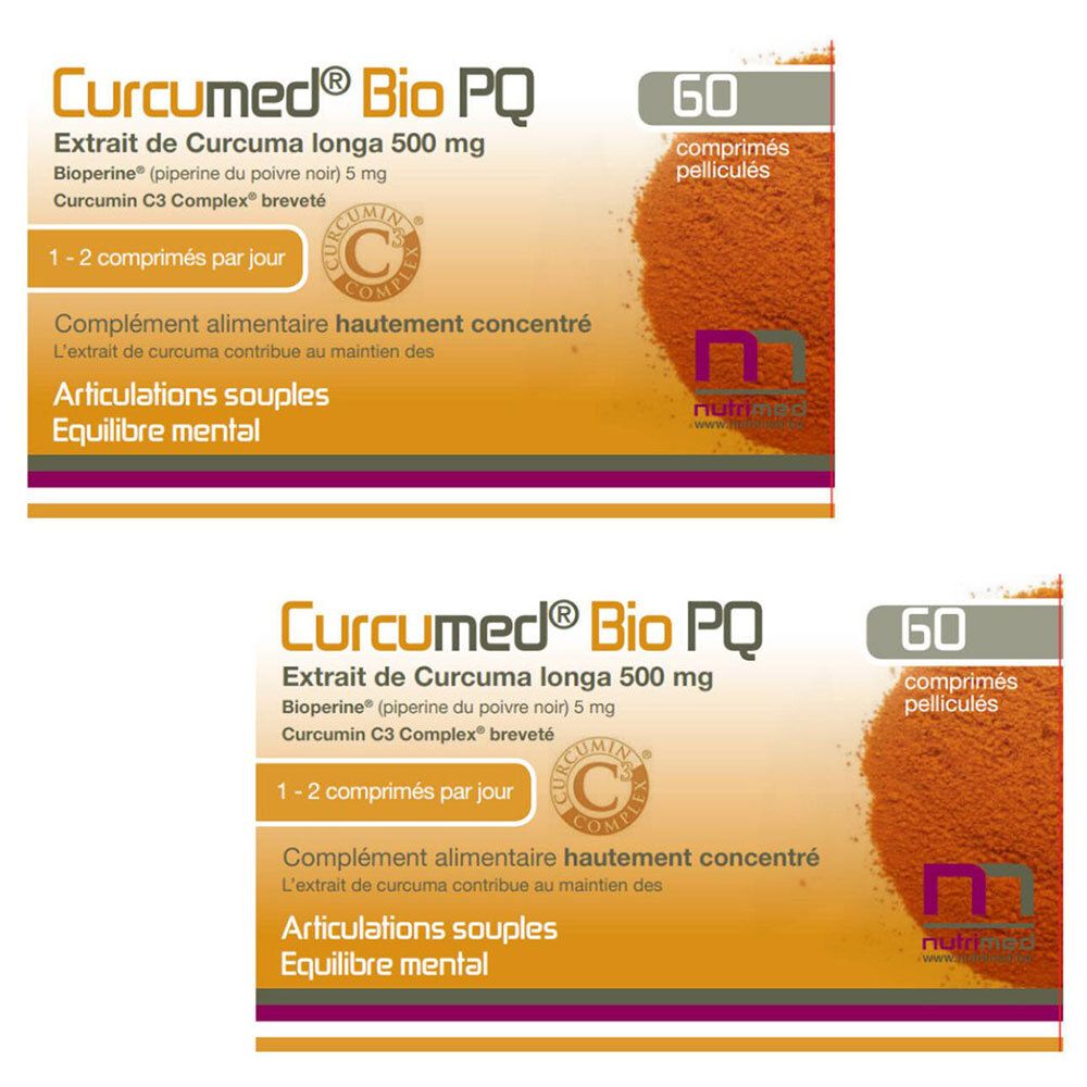 Deux boîtes de Curcumed Bio PQ. Inscription: Extrait de Curcuma longa 500 mg, 60 comprimés pelliculés. Logo avec symbole C.
