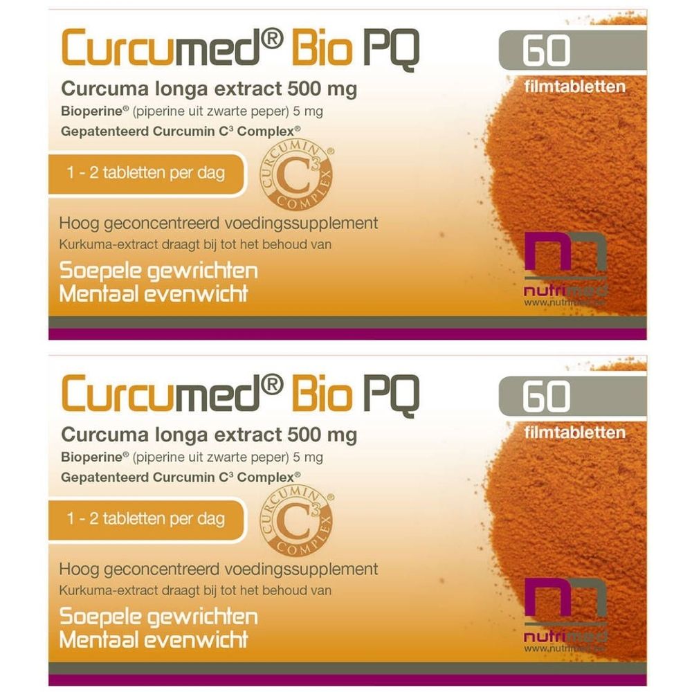 Twee dozen Curcumed Bio PQ. Opschrift: Curcuma longa extract 500 mg, 60 filmomhulde tabletten. Logo met C-teken.