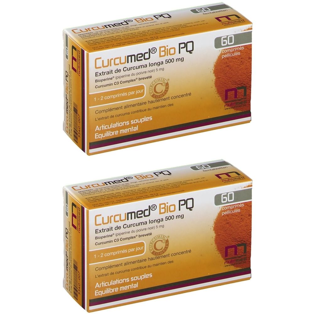 Deux boîtes de Curcumed Bio PQ. Inscription: Extrait de Curcuma longa 500 mg, 60 comprimés pelliculés. Logo avec symbole C.