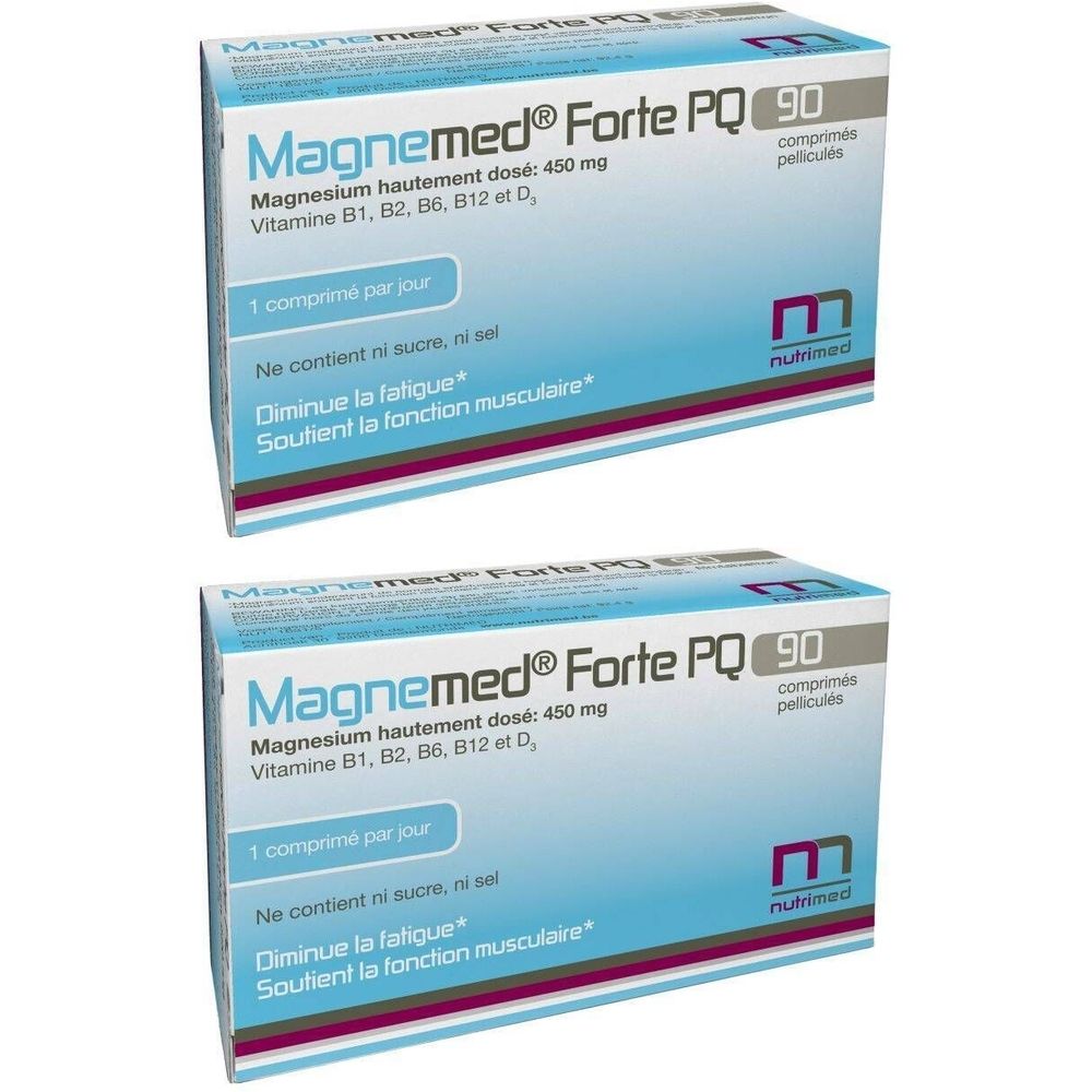 Deux boîtes de Magnemed Forte PQ. Emballage bleu et blanc avec nom du produit et informations. Contient 90 comprimés.