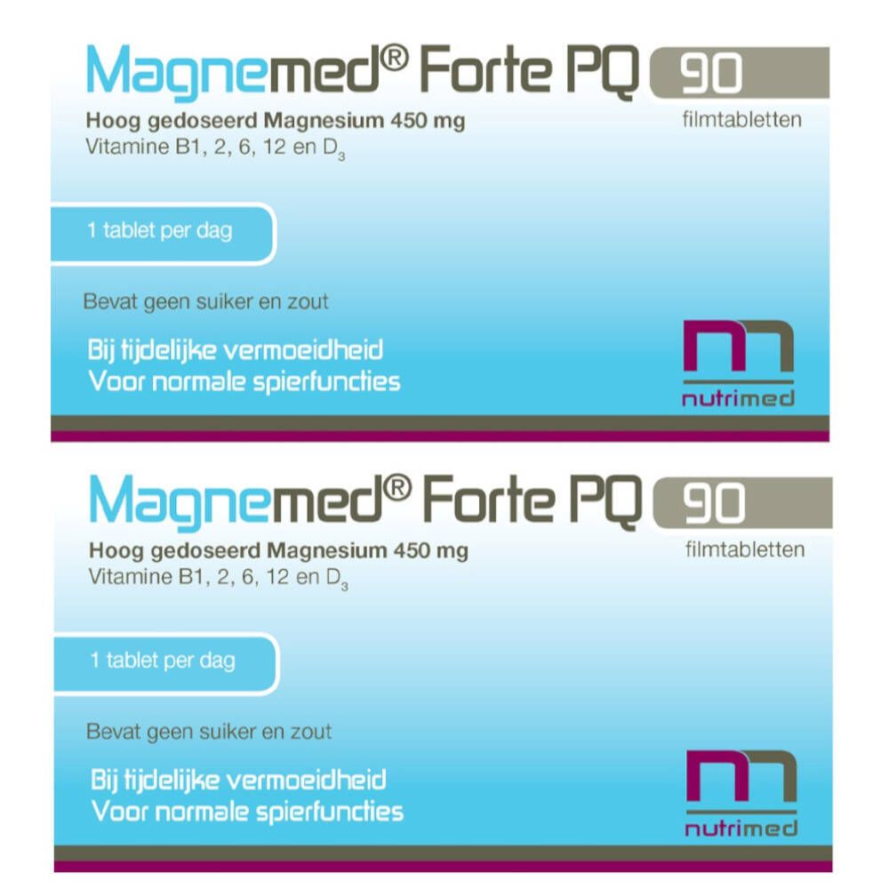 Twee dozen Magnemed Forte PQ. Blauw-witte verpakking met productnaam en informatie. Bevat 90 tabletten.