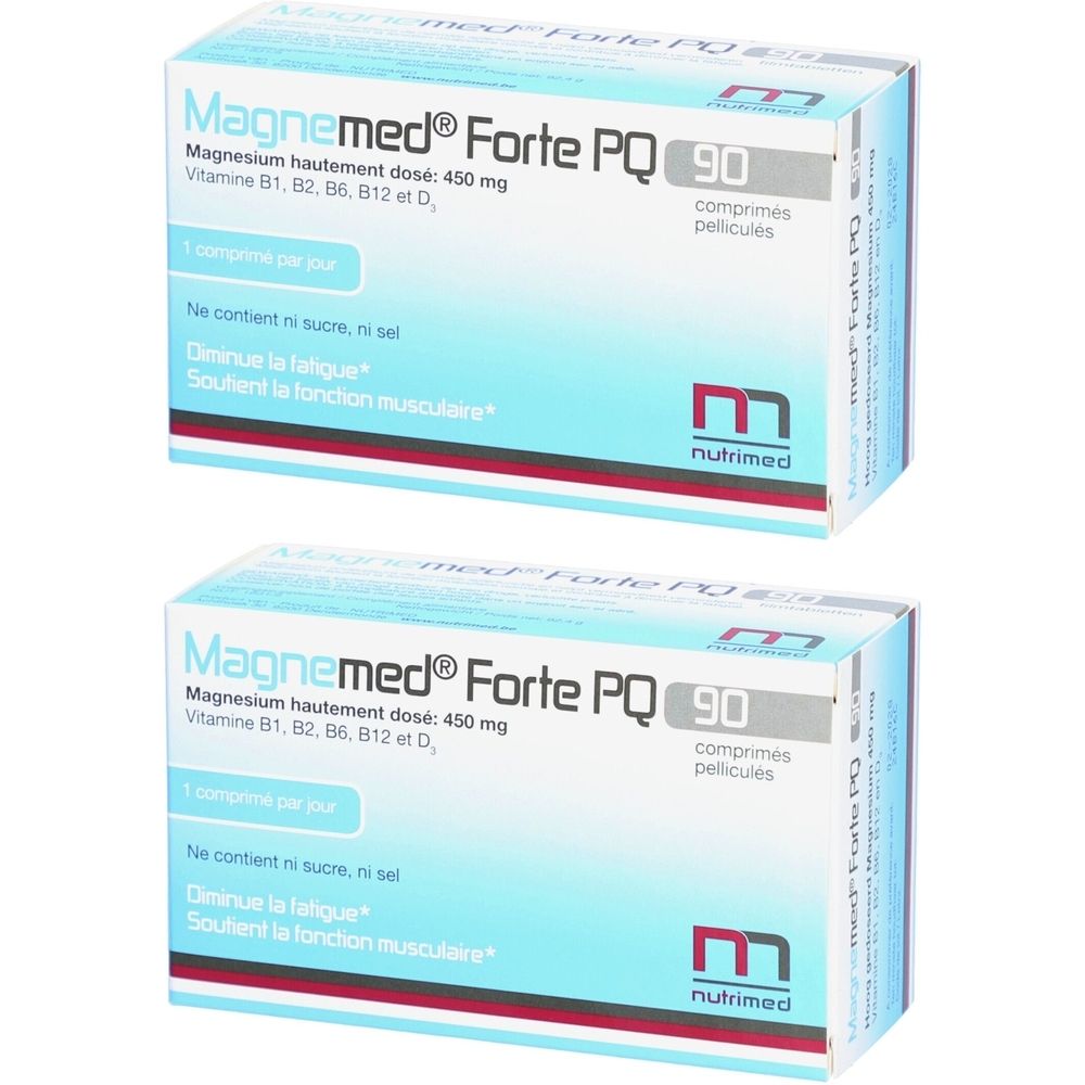 Twee dozen Magnemed Forte PQ. Blauw-witte verpakking met productnaam en informatie. Bevat 90 tabletten.