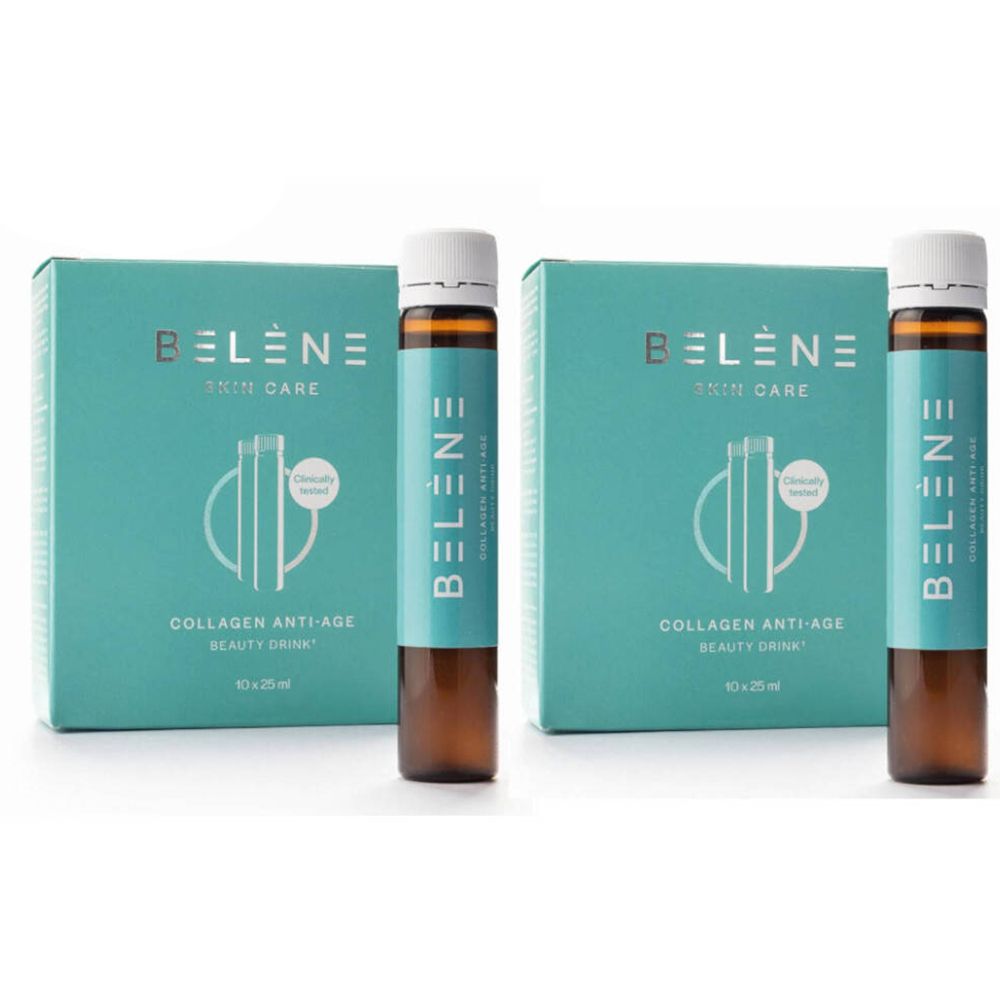 Zwei Packungen Belène Collagen Anti-Aging Beauty Drink mit Flaschen. Türkisgrüne Schachteln mit Produktnamen und Flaschen mit Flüssigkeit.