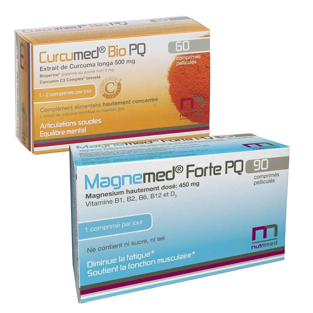 Deux boîtes de Curcumed Bio PQ et Magnemed Forte PQ. Inscriptions: 60 et 90 comprimés. Logos et informations produit.