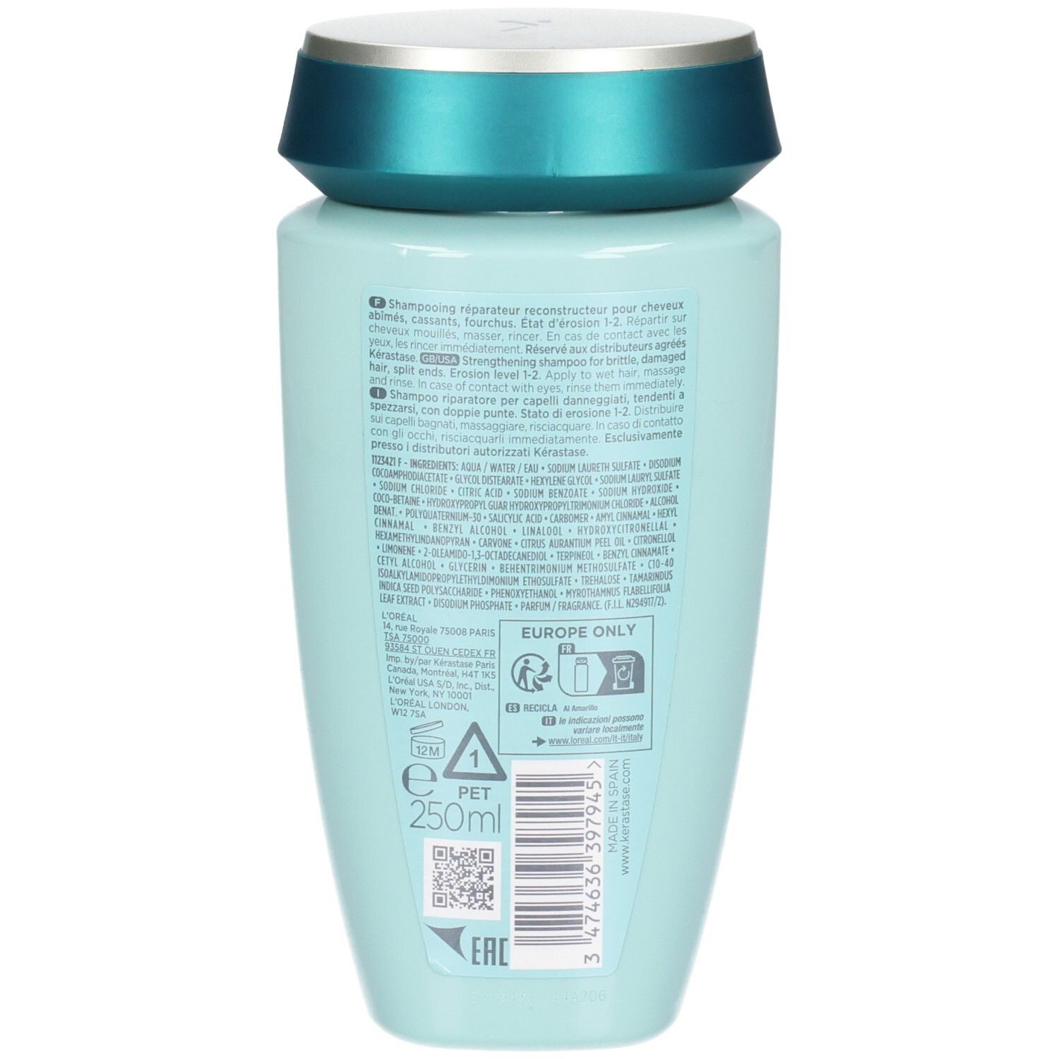 Rückseite der Kérastase Shampoo-Flasche mit Inhaltsstoffen und 250ml Angabe.