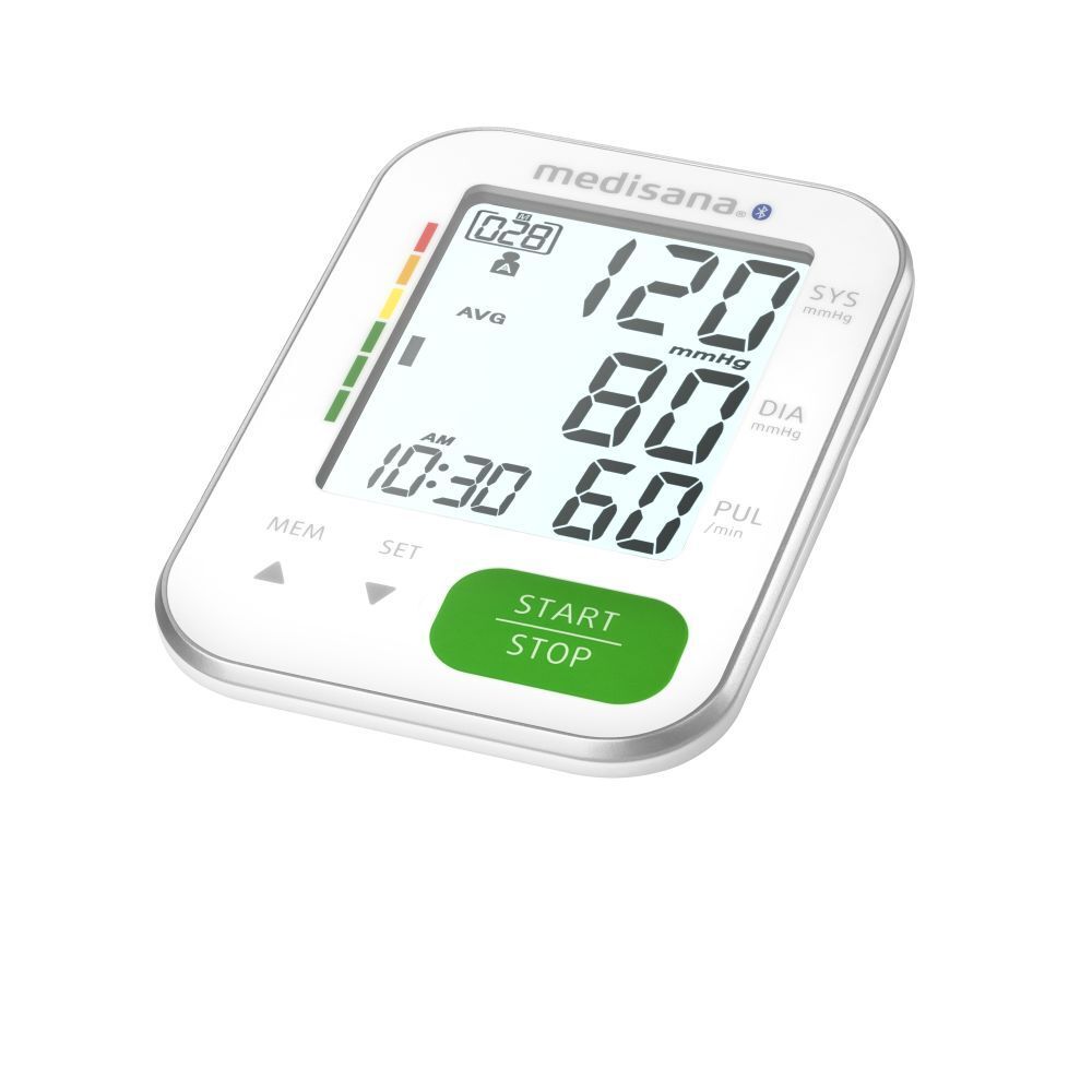 Bloeddrukmeter met display. Toont meetwaarden en tijd. Groene Start/Stop-knop. Merk: medisana.