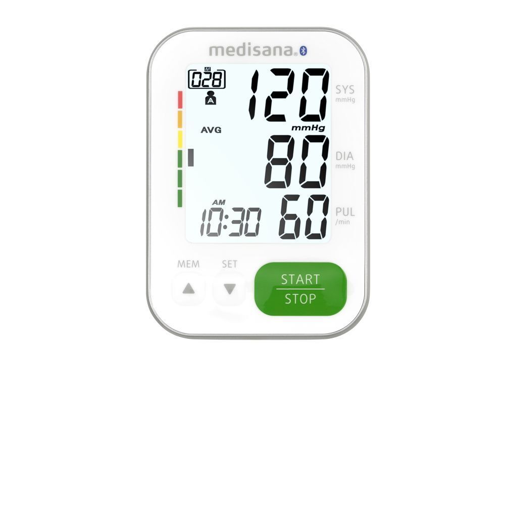 Bloeddrukmeter met display. Toont meetwaarden en tijd. Groene Start/Stop-knop. Merk: medisana.