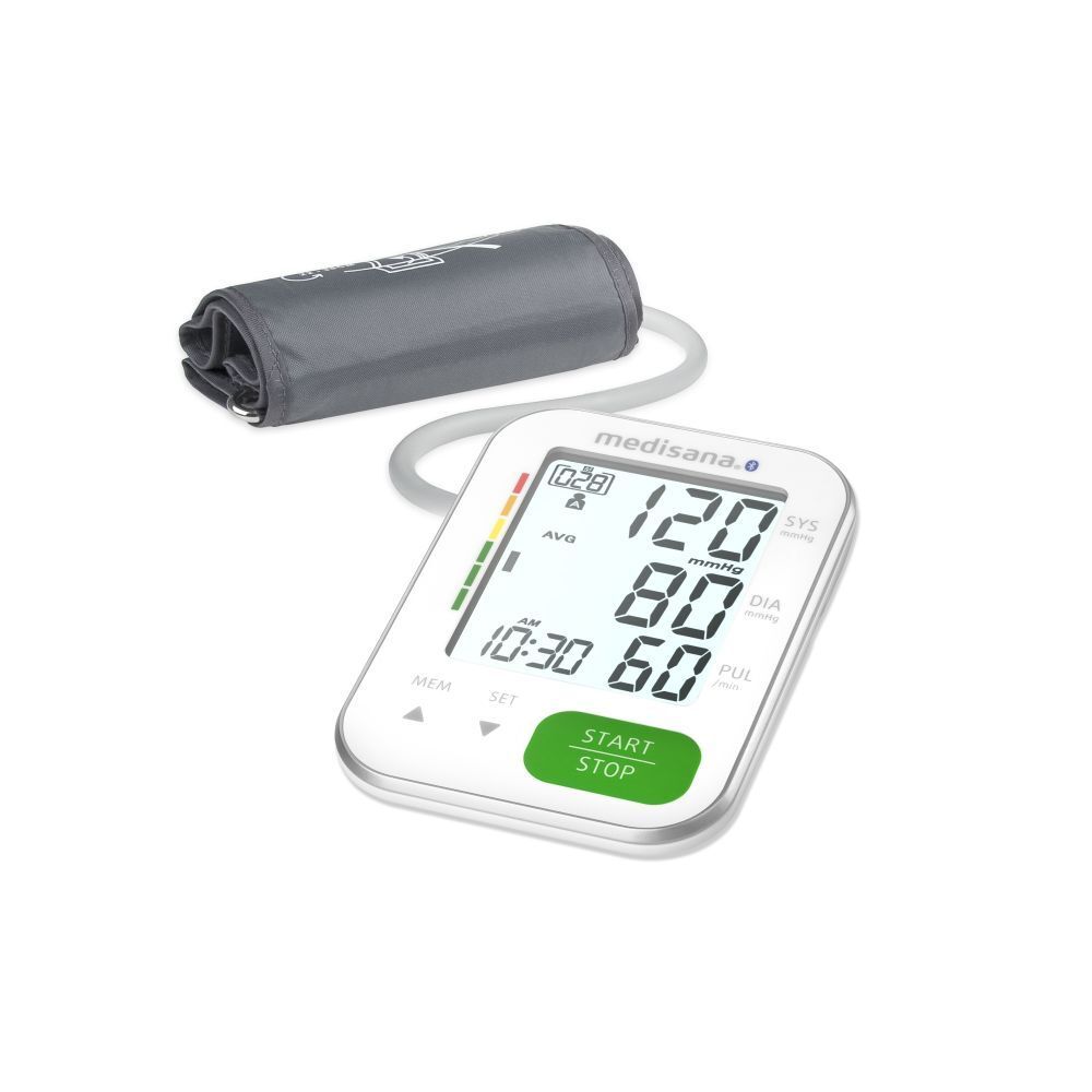 Bloeddrukmeter met manchet en display. Toont meetwaarden. Merk: medisana.