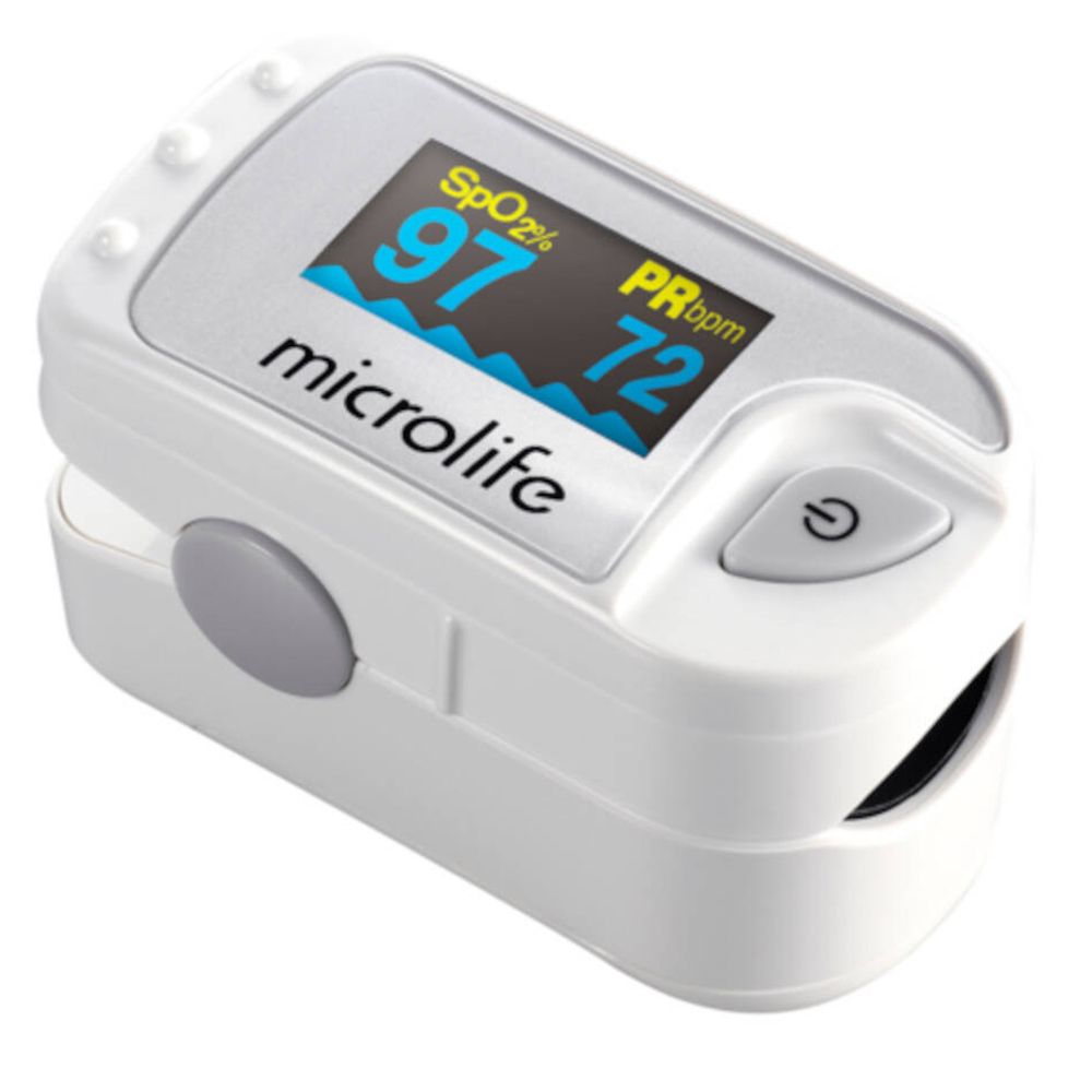 Microlife OXY 300. Witte vingerpulsoximeter met display. Toont SpO2 en hartslag. Grijze knop.