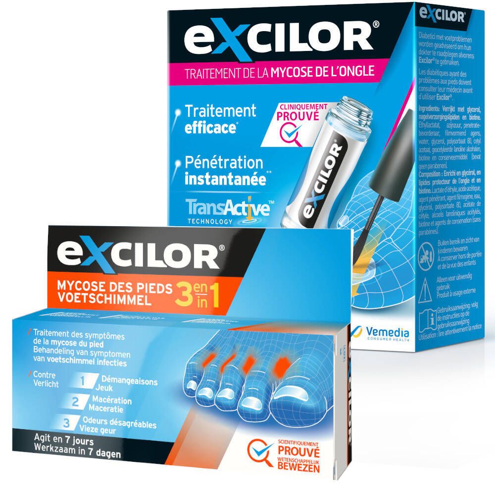 Emballage Excilor, set pour mycose des pieds et des ongles. Contient crème et solution. Boîtes bleues et blanches avec illustrations.