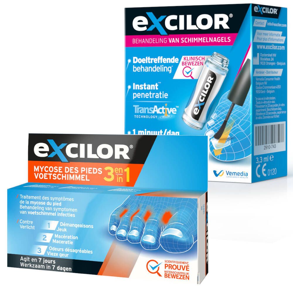 Verpakking van Excilor, set voor voet- en nagelmycose. Bevat crème en oplossing. Blauwe en witte dozen met productafbeeldingen.