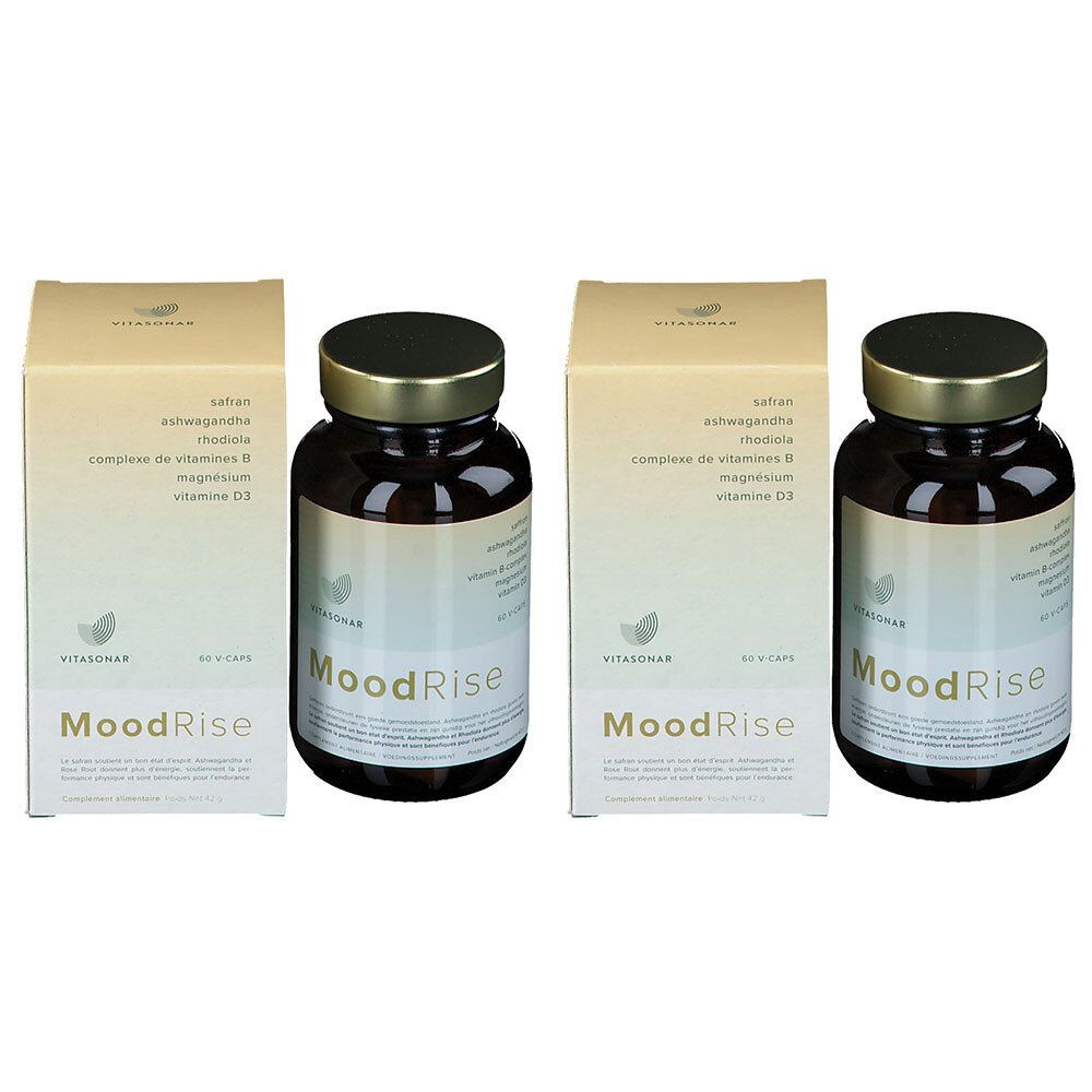 Twee flessen en twee dozen. Opschrift MoodRise en Vitasonar. Bruine glazen flessen met gouden dop.