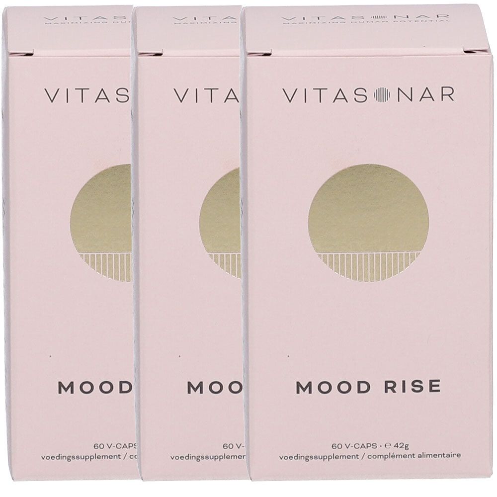Drie roze dozen met "VITAS NAR" en "MOOD RISE". Elke doos heeft een gouden cirkel. Bevat 60 capsules.