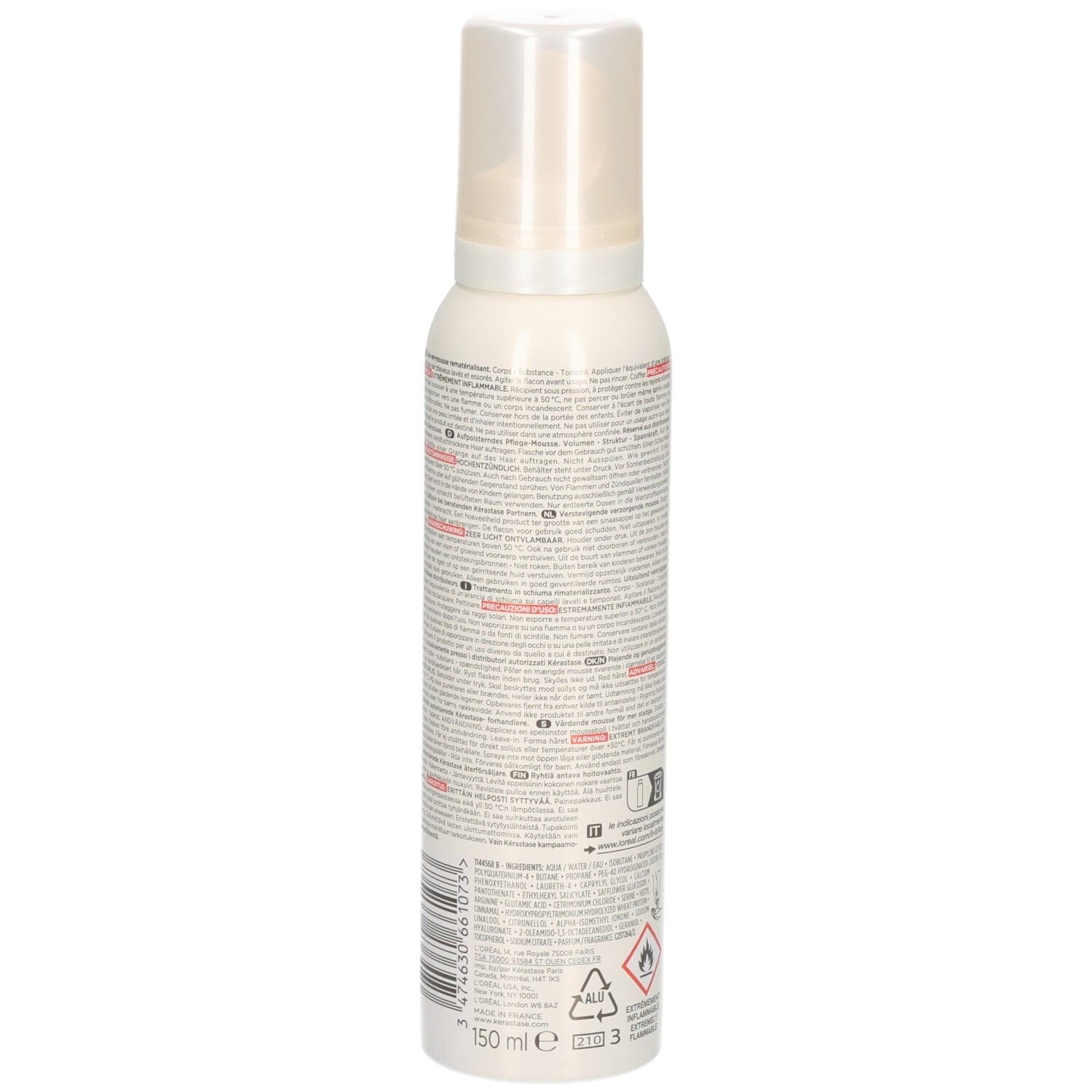 Kérastase Densifique Densimorphose Haarschaum, Rückseite mit Barcode und Hinweisen.