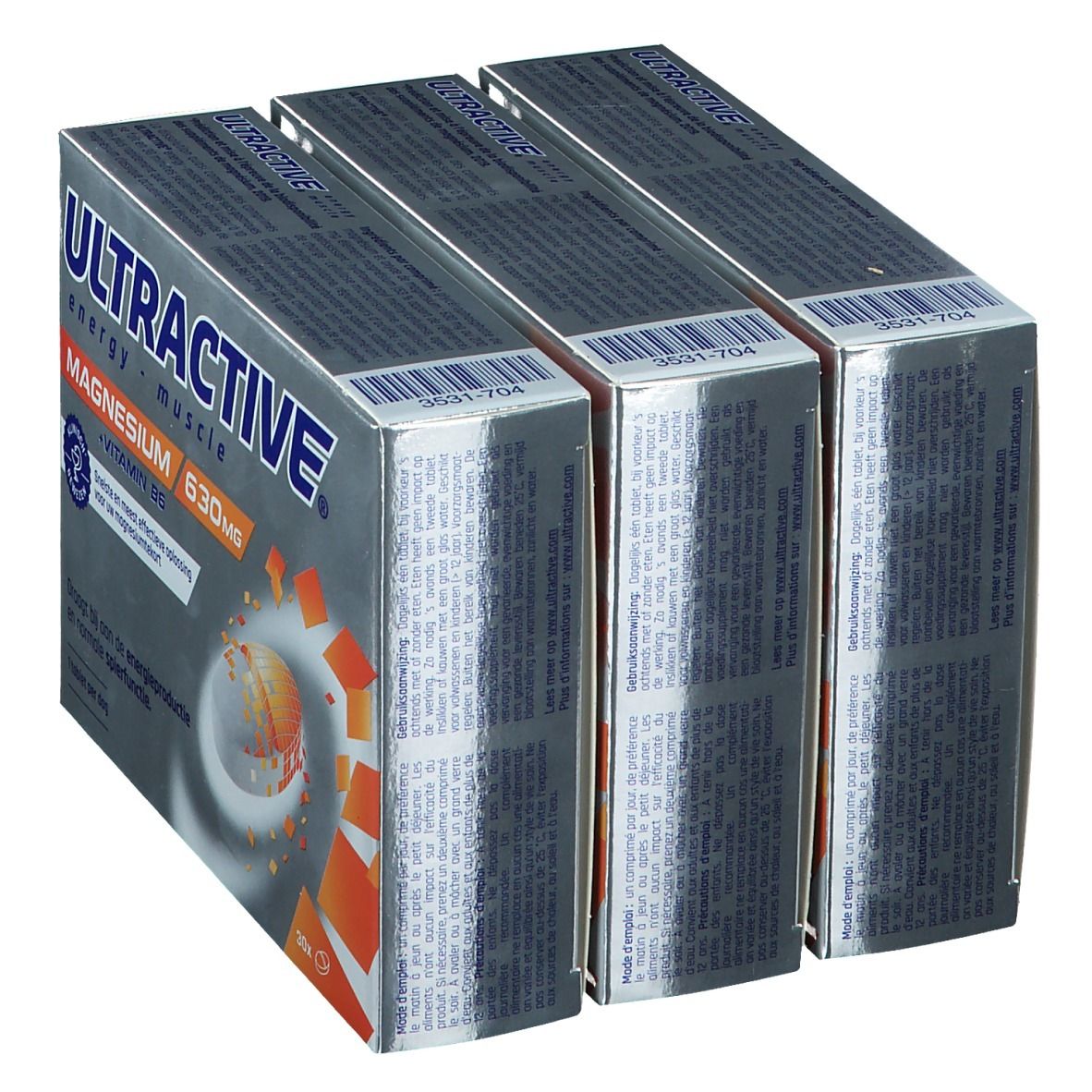 Drie dozen Ultractive Magnesium 630mg, zilveren verpakking. Achterkant met tekst. 30 tabletten per doos.