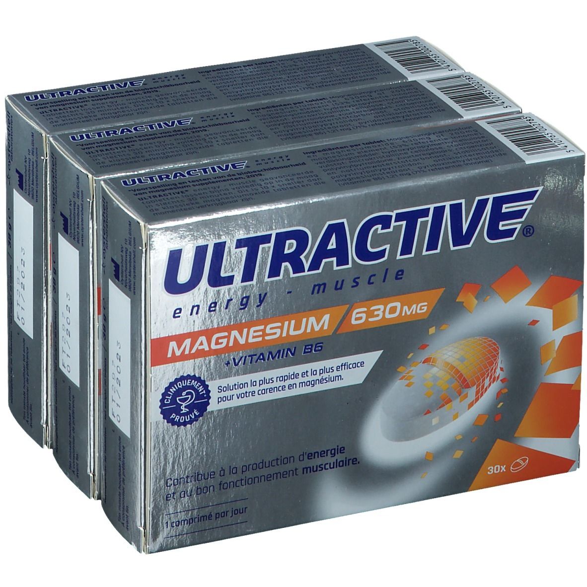 Drie dozen Ultractive Magnesium 630mg. Zilveren verpakking met productinfo en logo. 30 tabletten per doos.