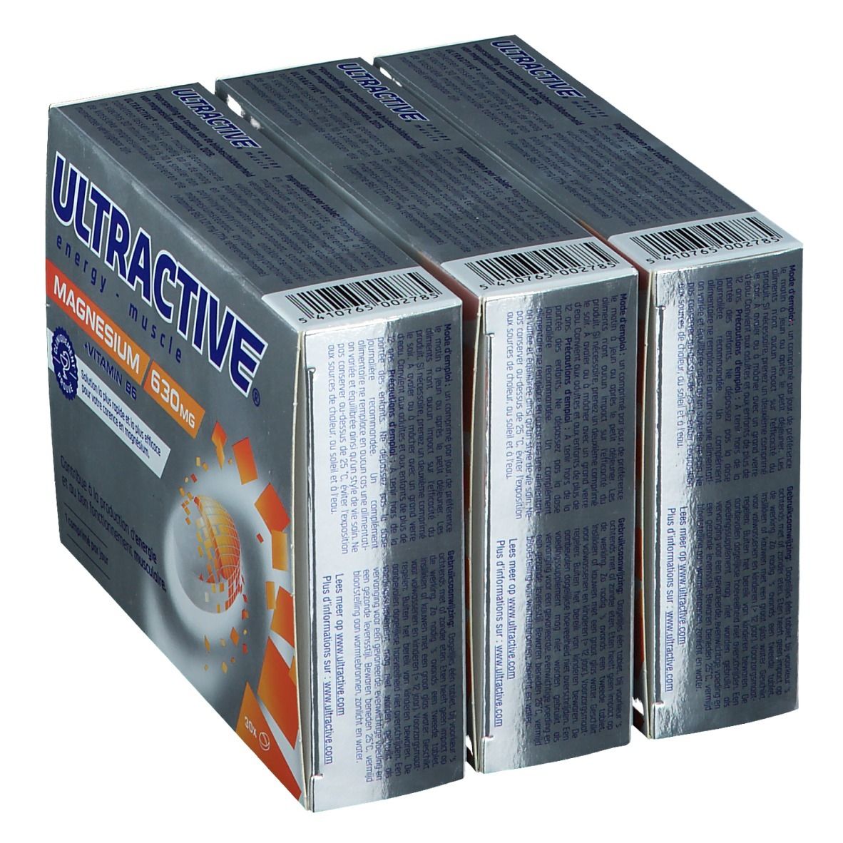 Drie dozen Ultractive Magnesium 630mg, zilveren verpakking. Achterkant met tekst. 30 tabletten per doos.