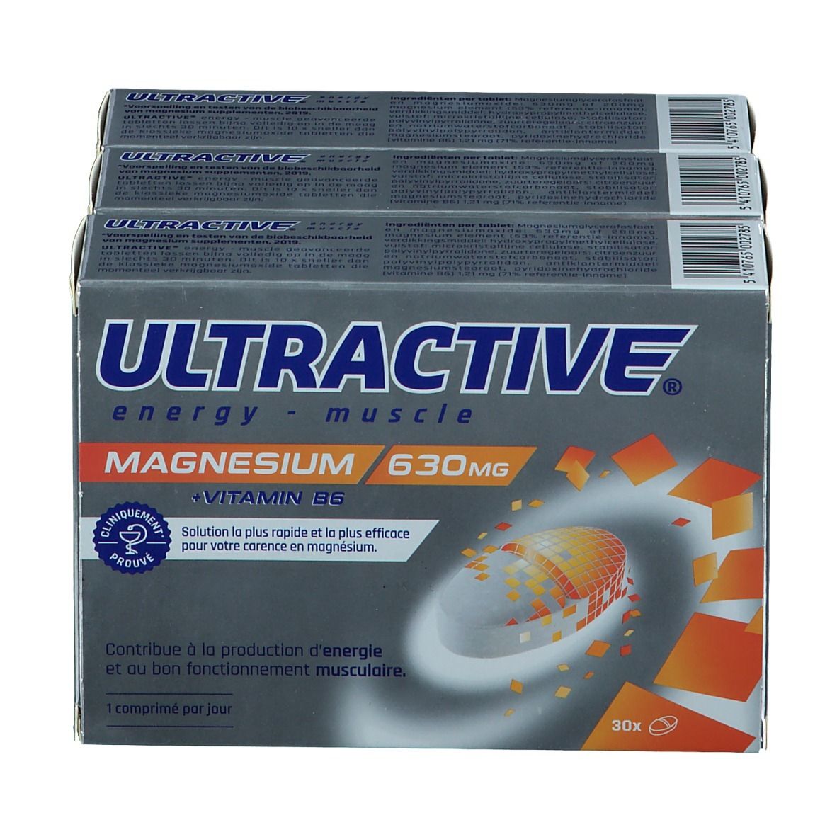 Drie dozen Ultractive Magnesium 630mg. Zilveren verpakking met productinfo en logo. 30 tabletten per doos.