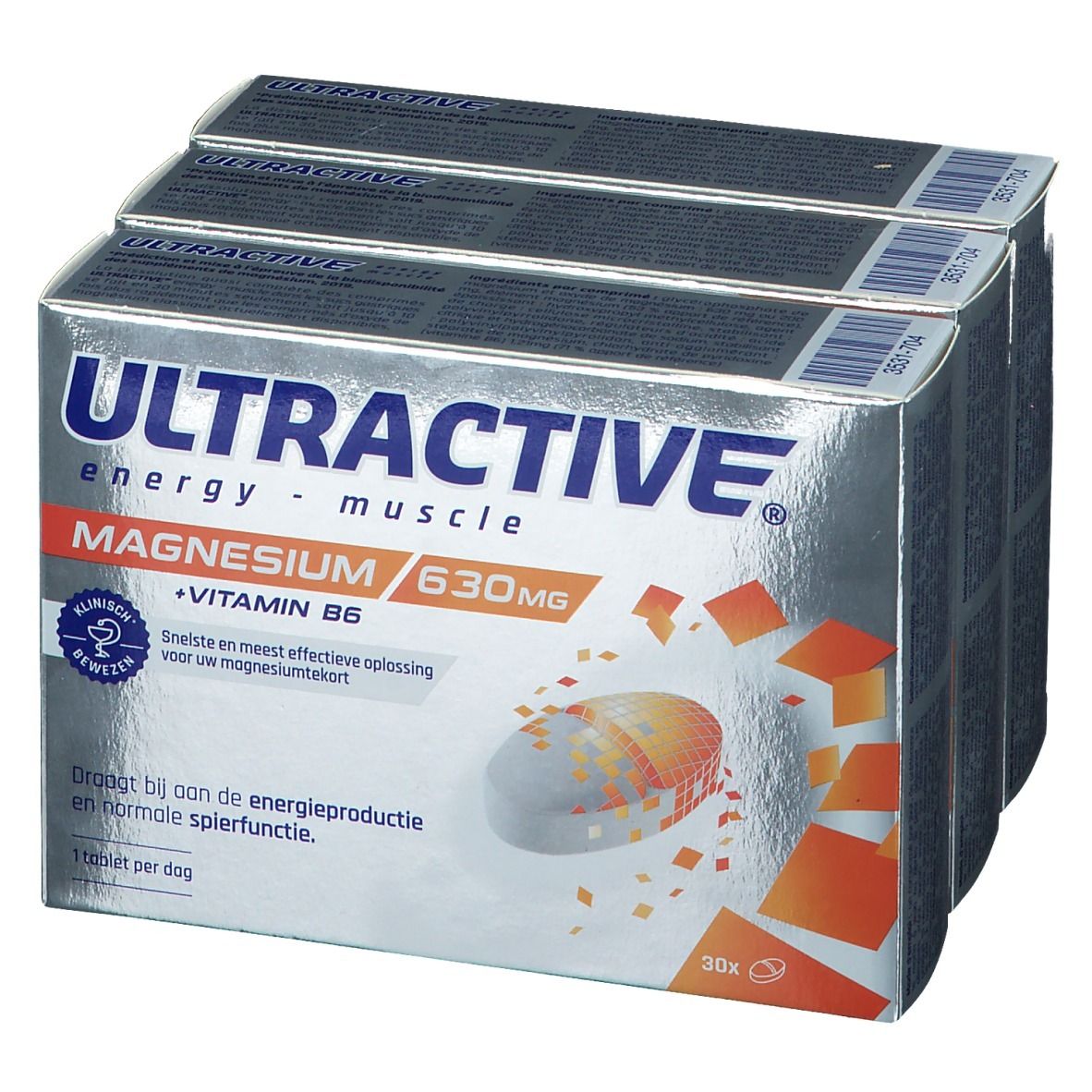 Drie dozen Ultractive Magnesium 630mg. Zilveren verpakking met productinfo en logo. 30 tabletten per doos.